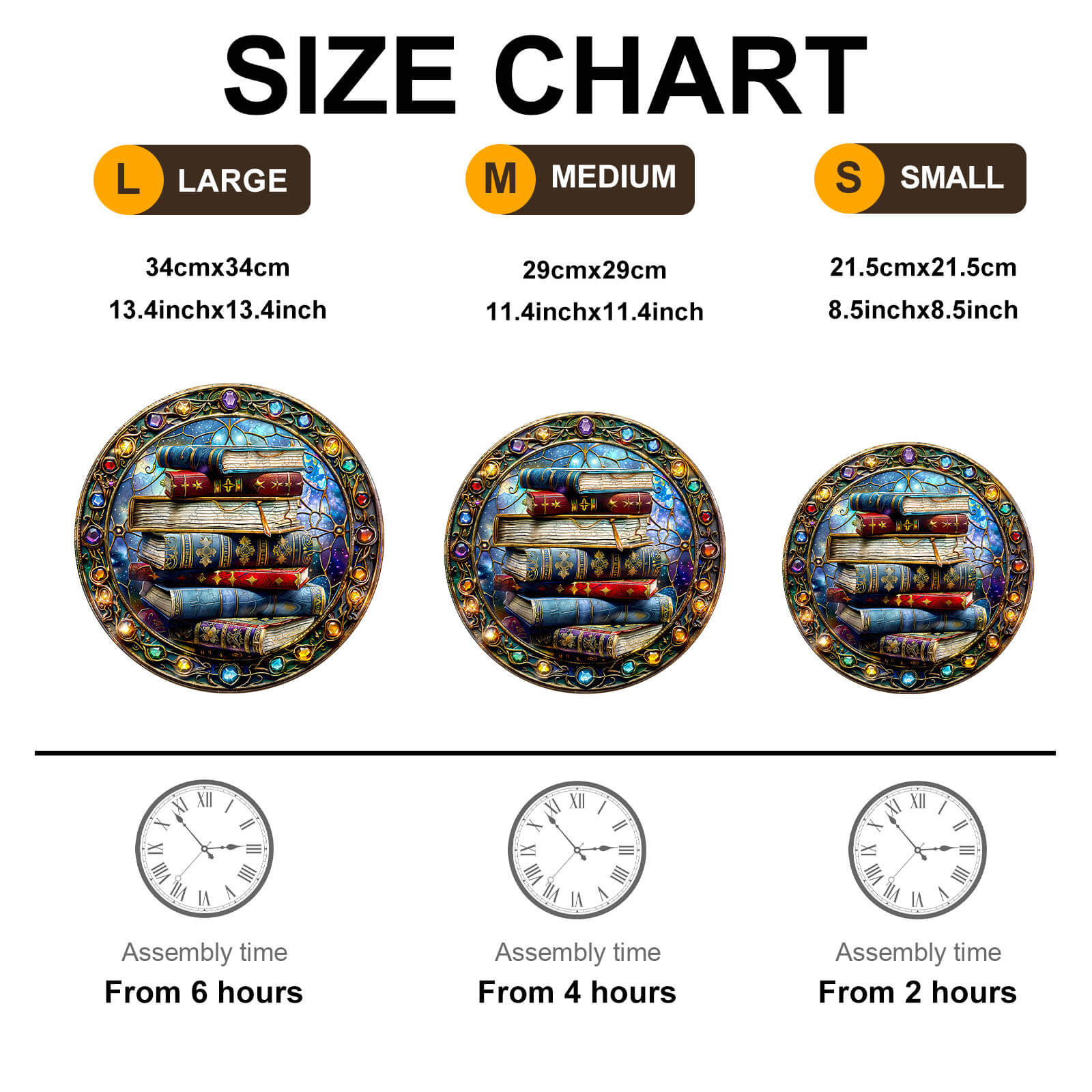 Size chart for Magic tome-2 Wooden Jigsaw Puzzle showing dimensions and assembly time for large, medium, and small options.