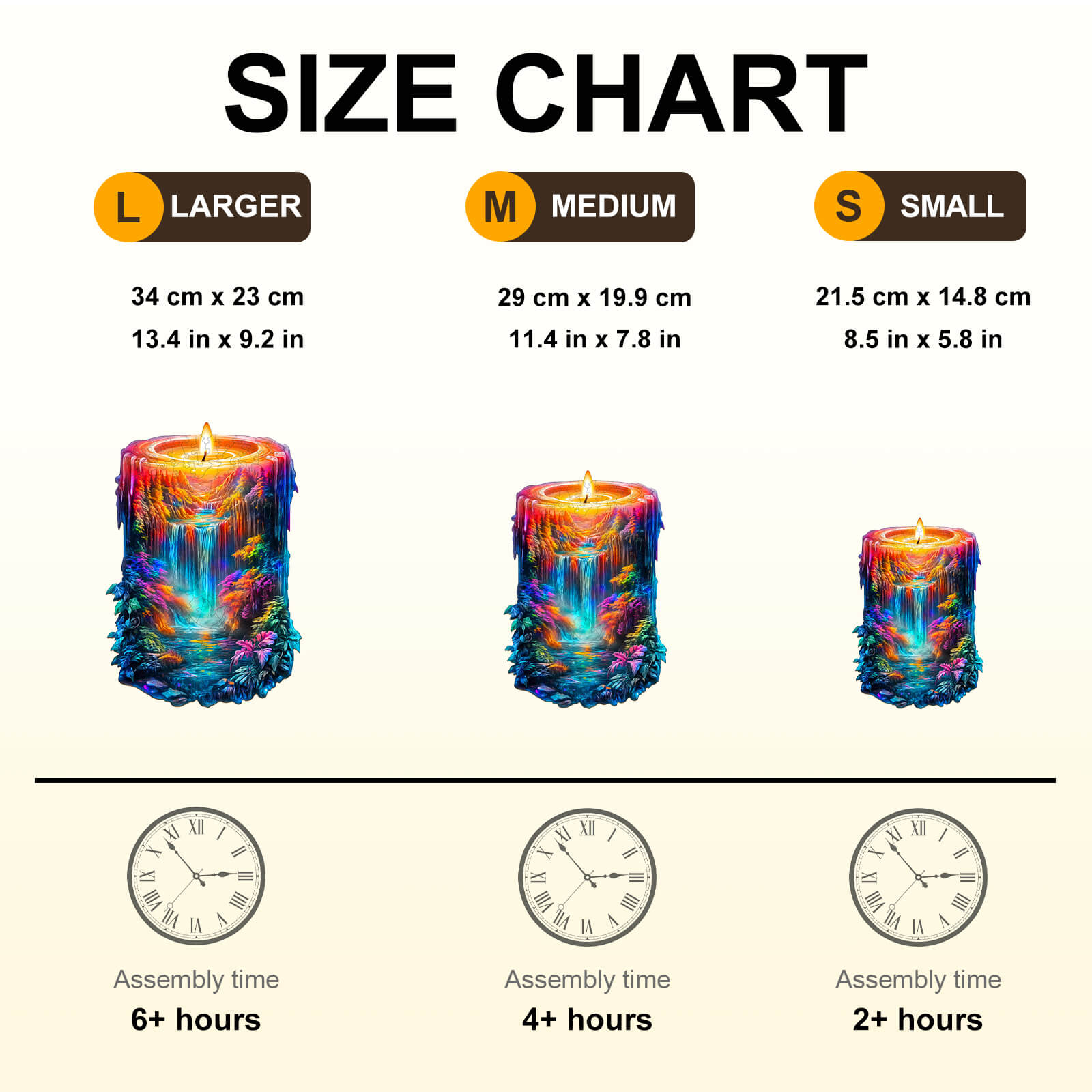 Size chart for Enchanted Flame wooden jigsaw puzzle illustrating large, medium, and small candle dimensions and assembly times.