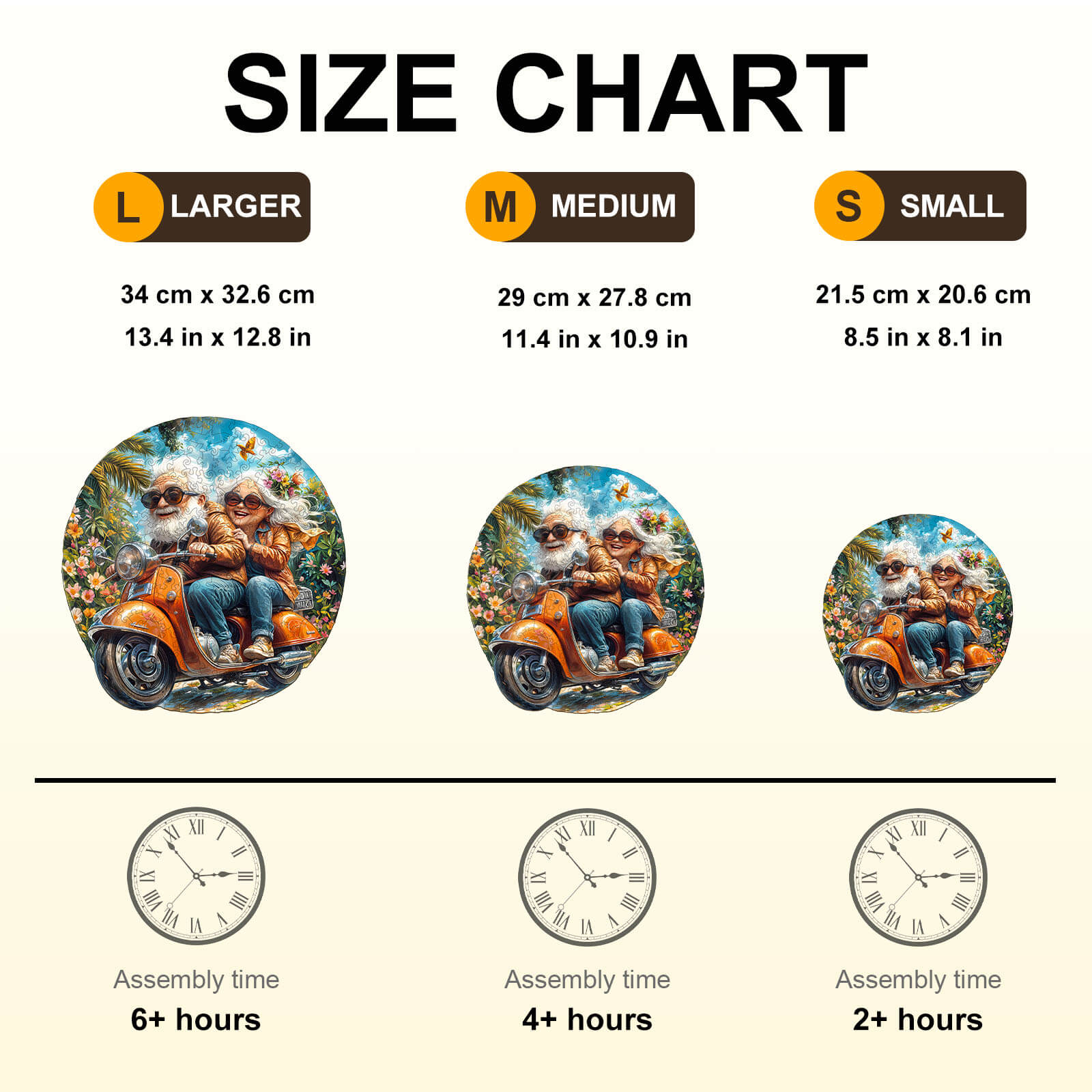 Size chart for Motorcycle Granny-2 wooden jigsaw puzzle showing dimensions and assembly times for large, medium, and small options.