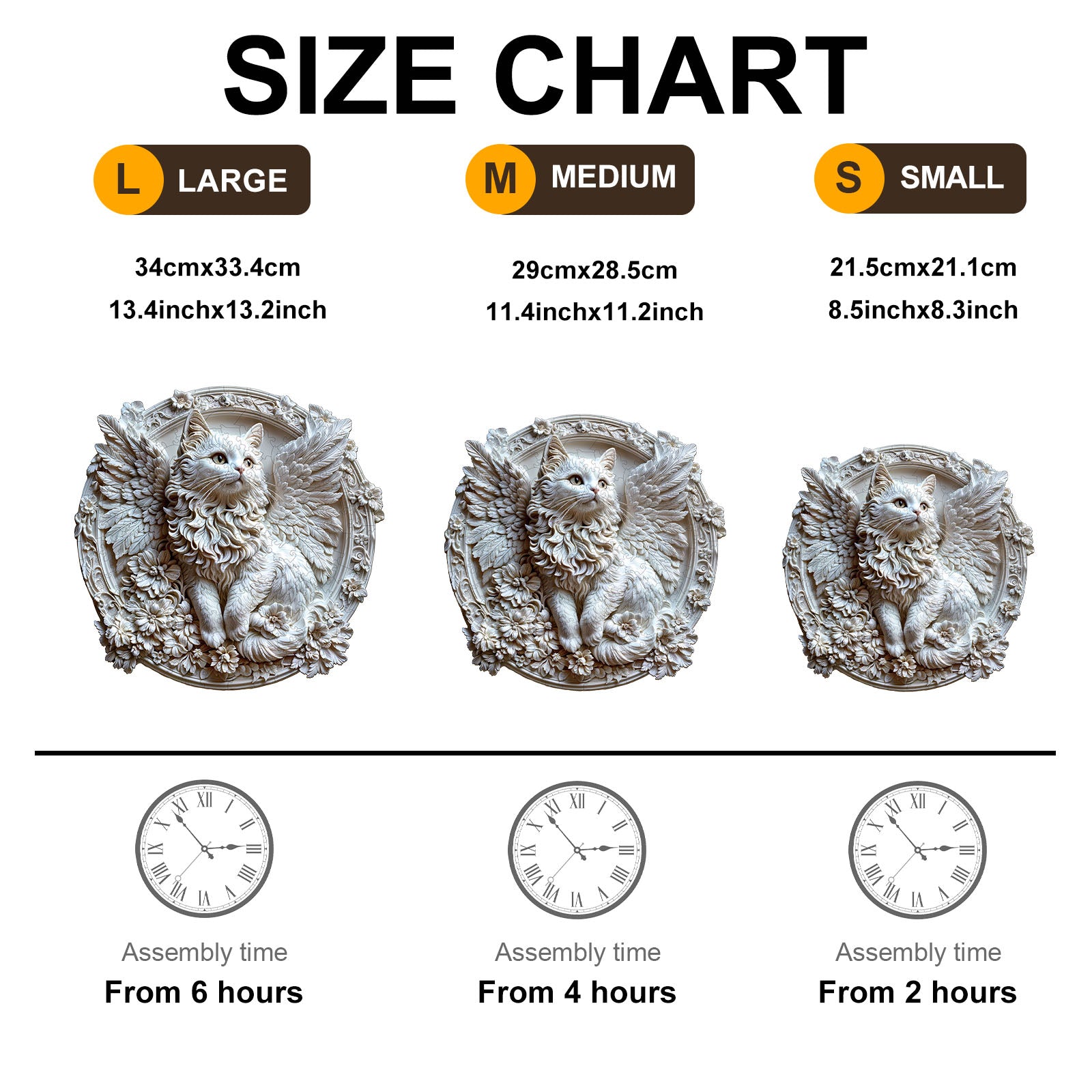 Size chart for 3D angel cat wooden jigsaw puzzle showing large, medium, and small dimensions and assembly times.