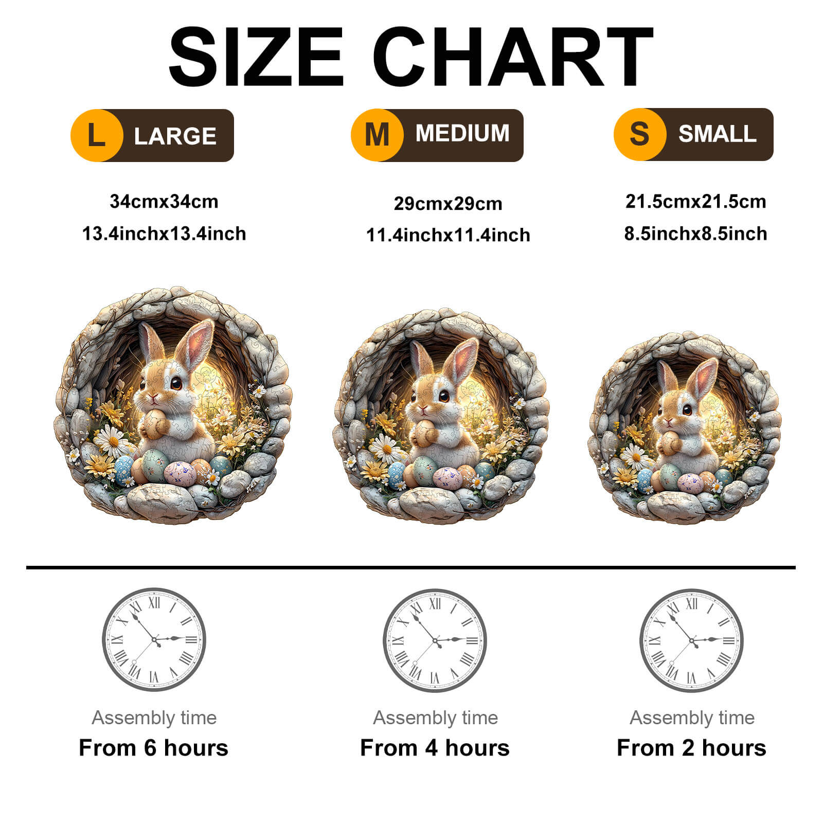 Size chart for 3D Cave Easter Bunny wooden jigsaw puzzle in large, medium, and small dimensions with assembly times.
