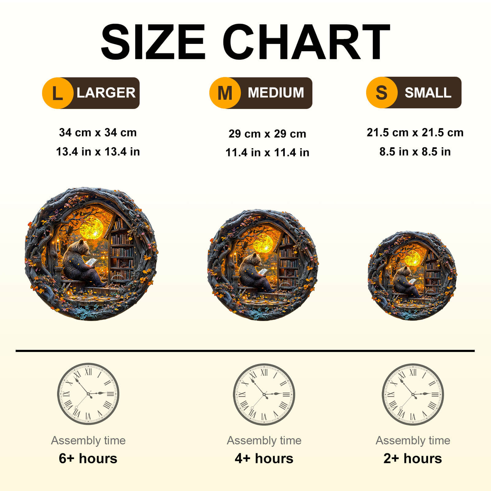 Size chart for Reading Bear wooden jigsaw puzzle showing large, medium, and small sizes with assembly times.