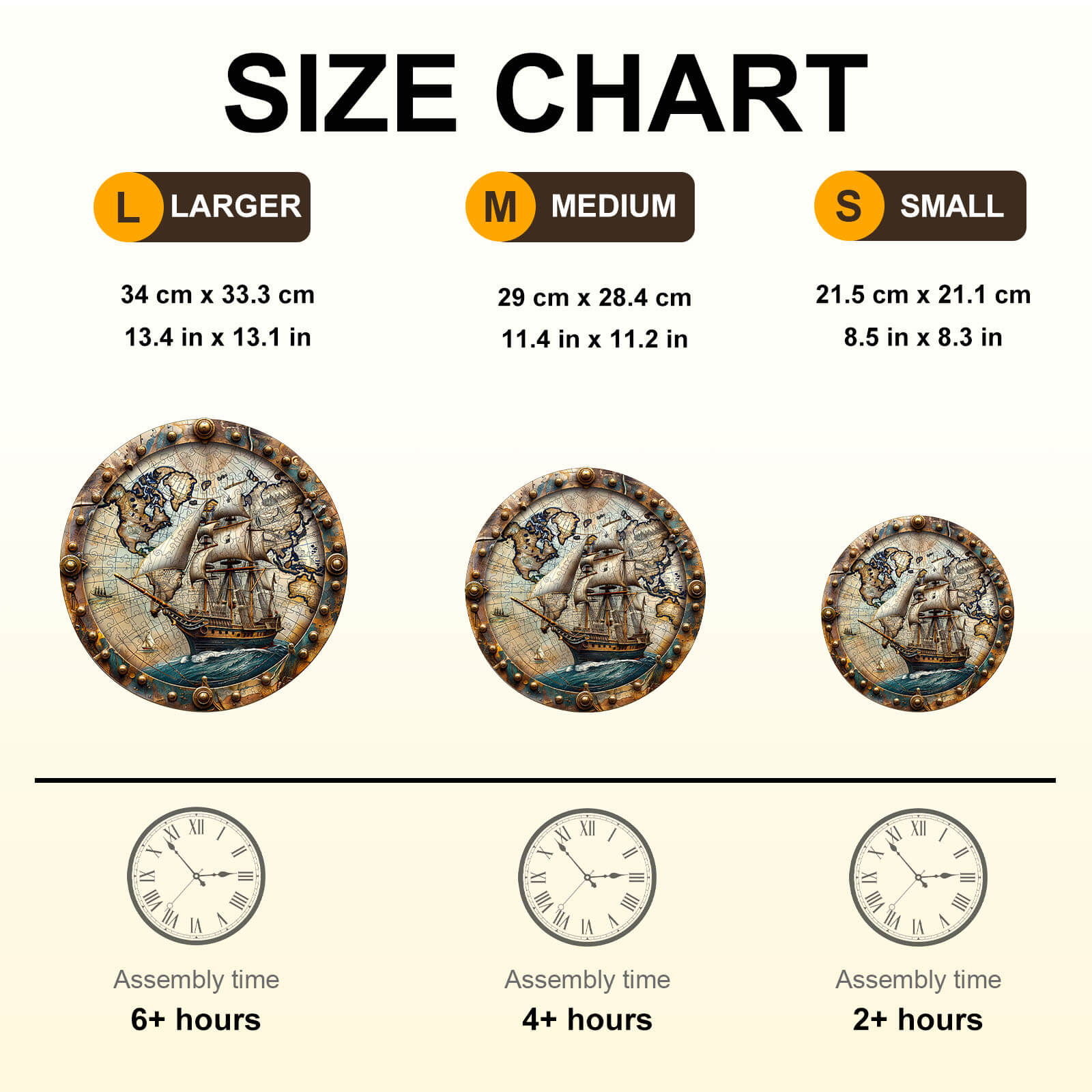 Size chart for World Voyage Wooden Jigsaw Puzzle with dimensions and assembly time for large, medium, and small options.