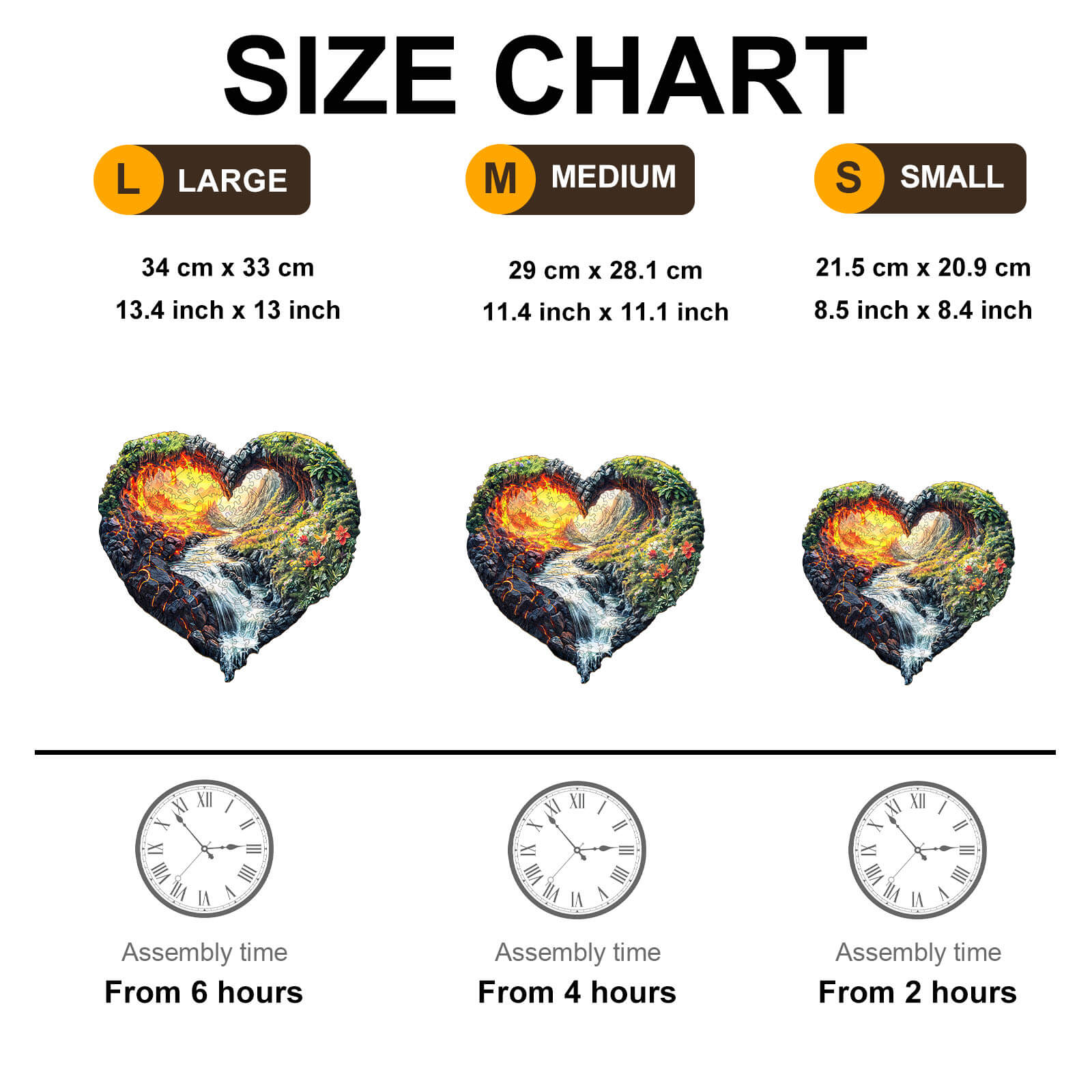 Size chart for ETERNAL FLOW wooden jigsaw puzzle showing dimensions and assembly times for large, medium, and small sizes.