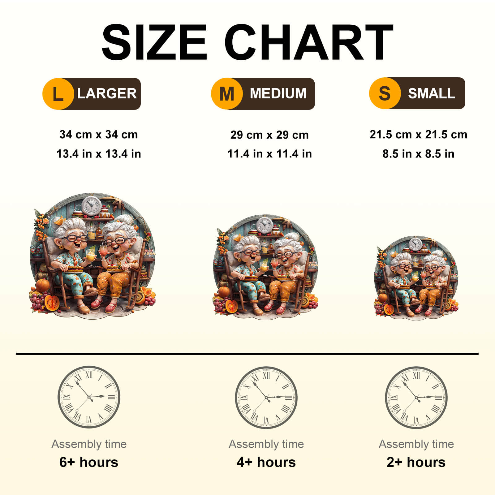 Size chart for Grandma's Party wooden jigsaw puzzle in large, medium, and small with assembly times.