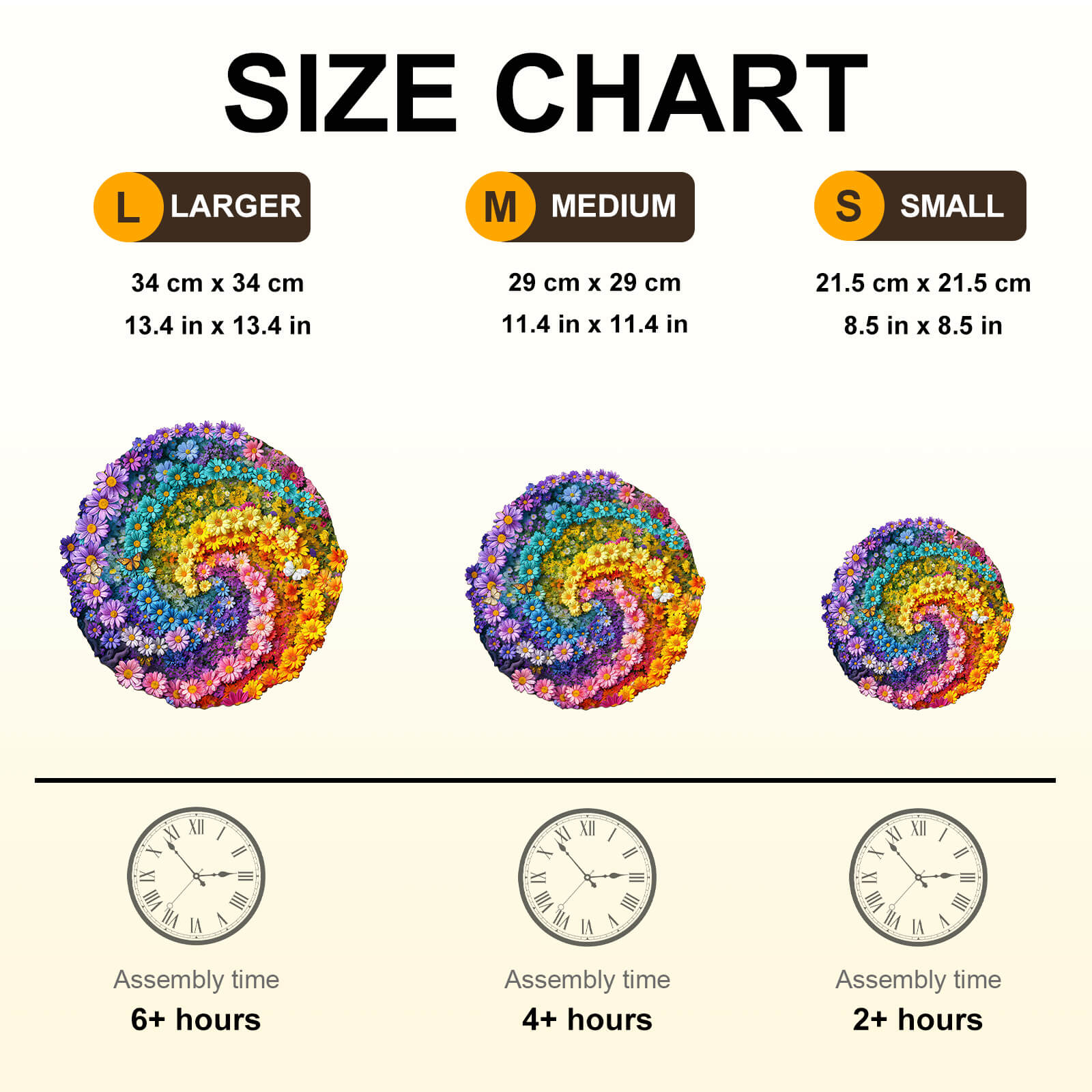 Size chart for Sea of Flowers wooden jigsaw puzzle, detailing dimensions and assembly times for all sizes.