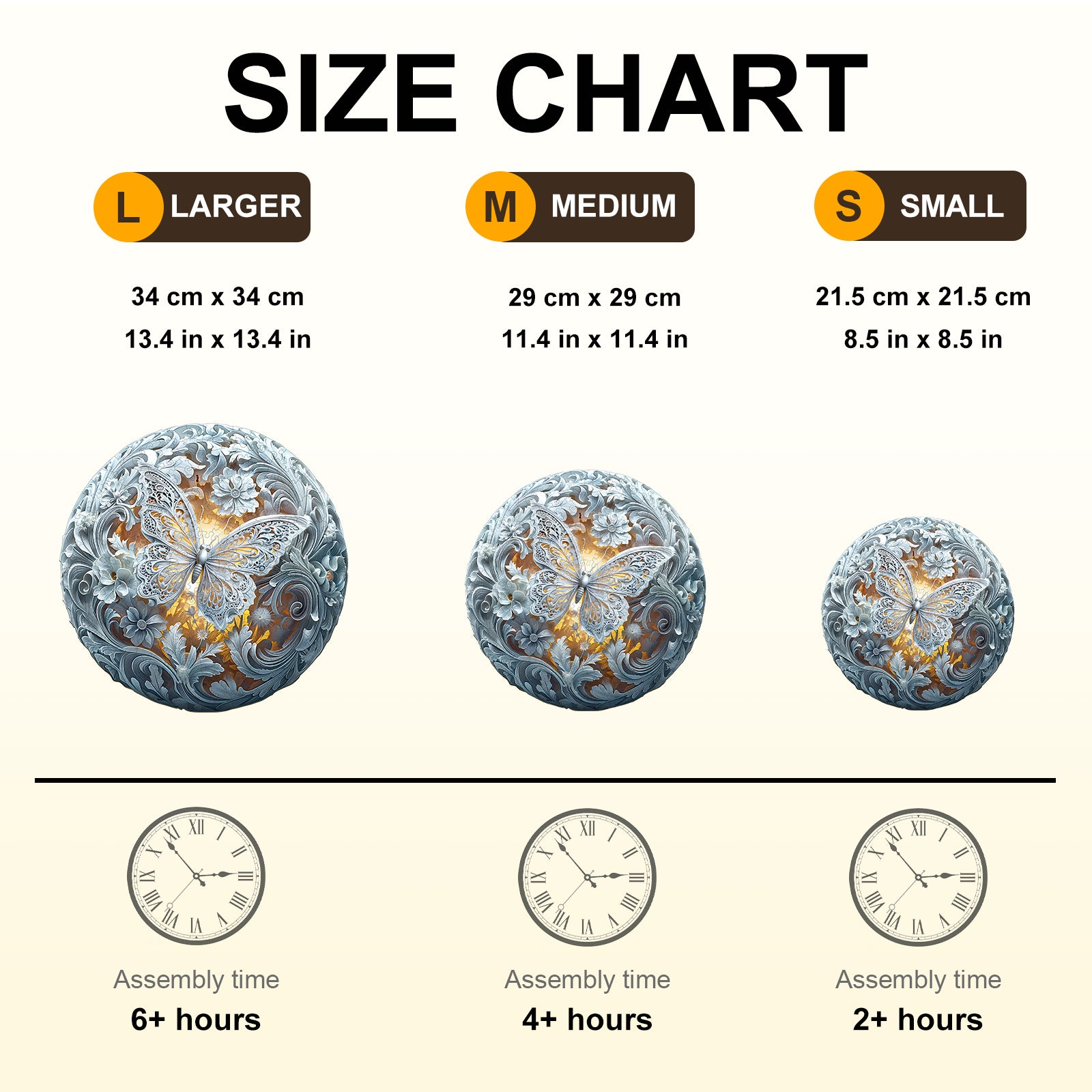 Size chart for Celestial Wings Wooden Jigsaw Puzzle showing dimensions and assembly times for large, medium, and small sizes.