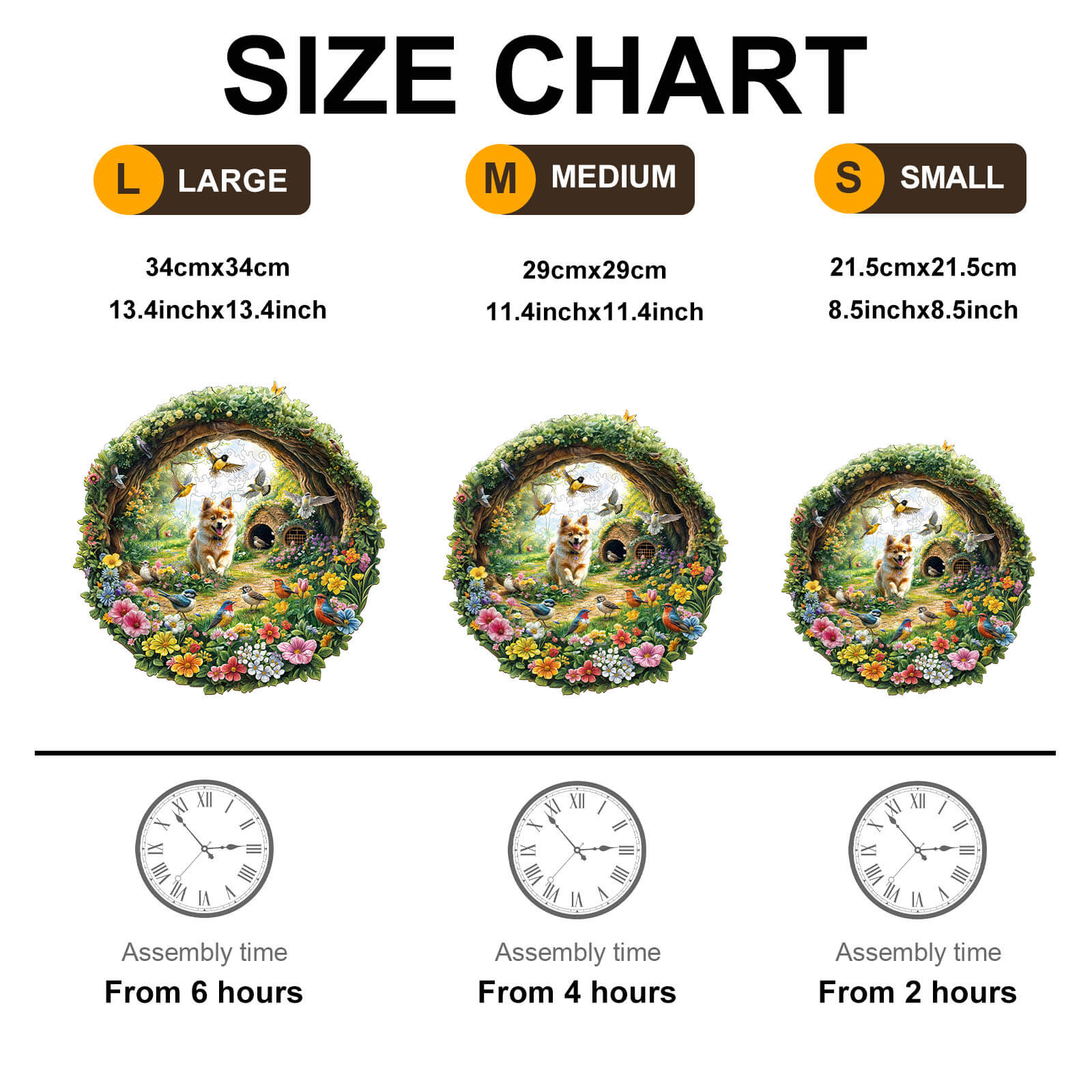 Size chart for Spring Birds wooden jigsaw puzzle showing dimensions and assembly times for large, medium, and small options.