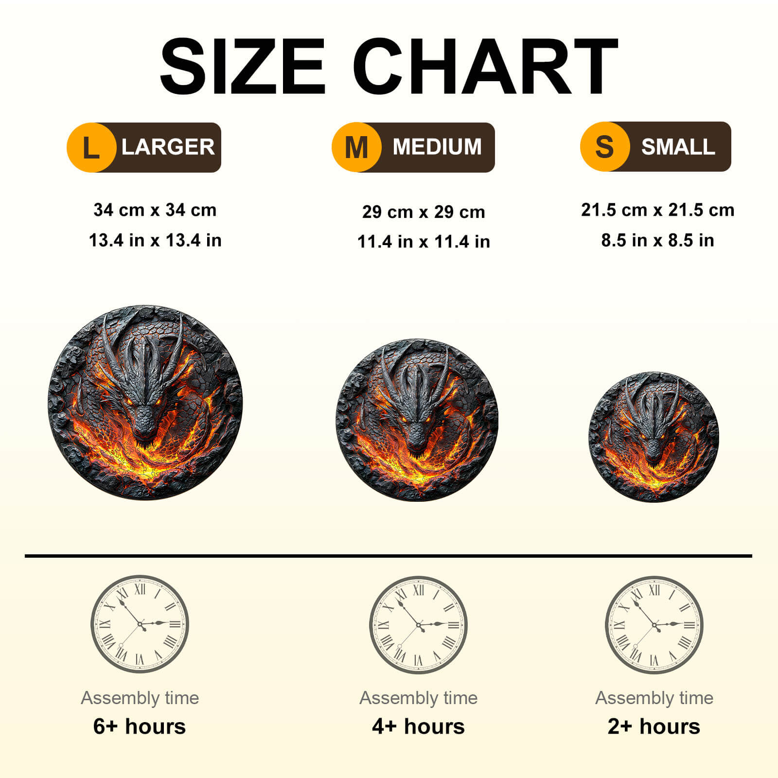 Size chart for the 3D flame wall dragon wooden jigsaw puzzle with assembly time and dimensions.