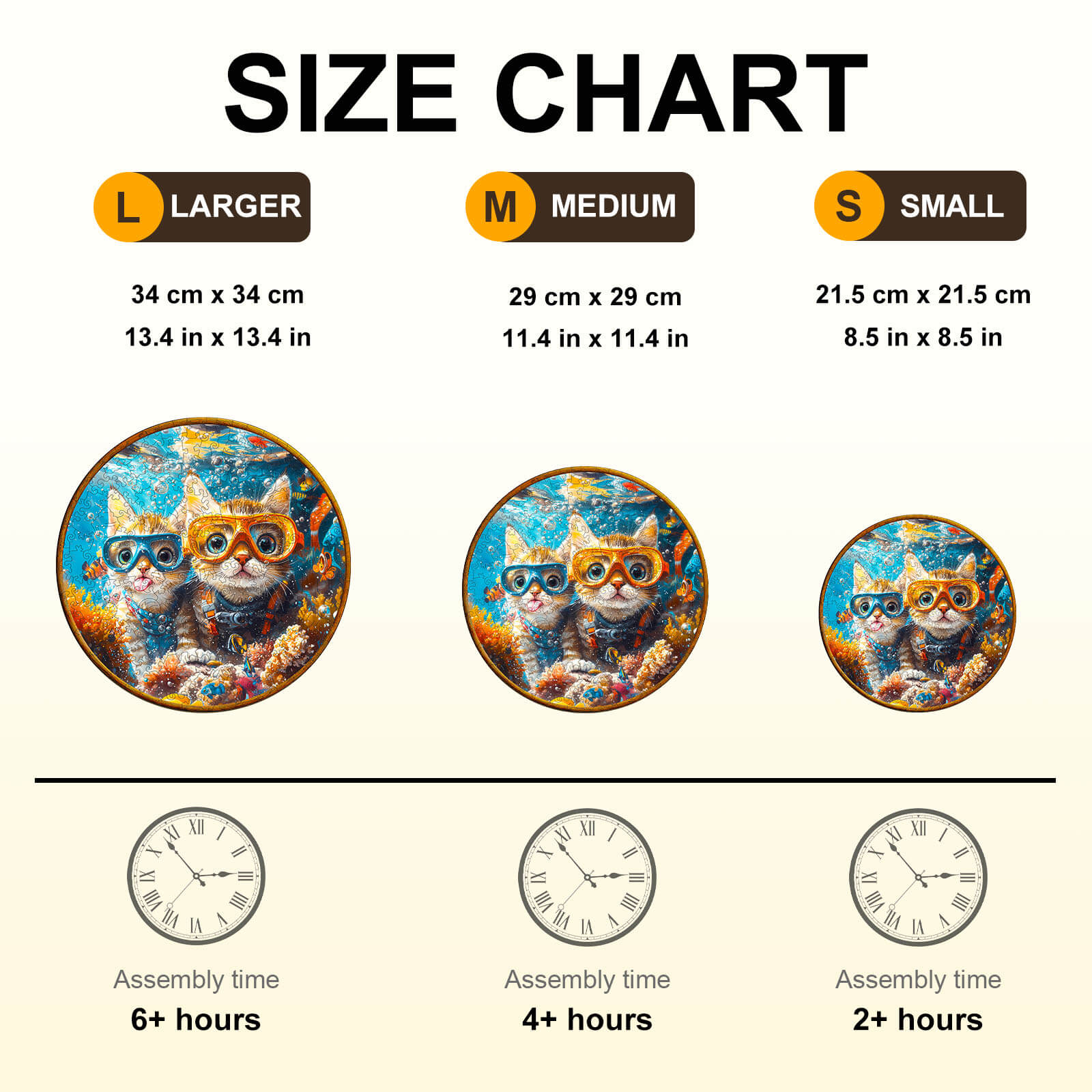 Size chart for Diving Cats Wooden Jigsaw Puzzle showing dimensions and assembly times for large, medium, and small sizes.