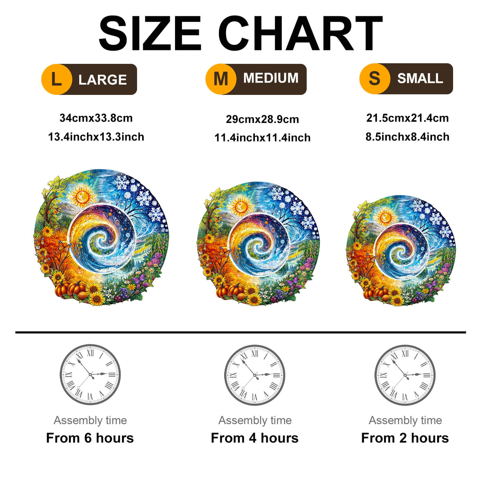 Size chart for Seasons of Life wooden jigsaw puzzle showing large, medium, and small options with assembly times.