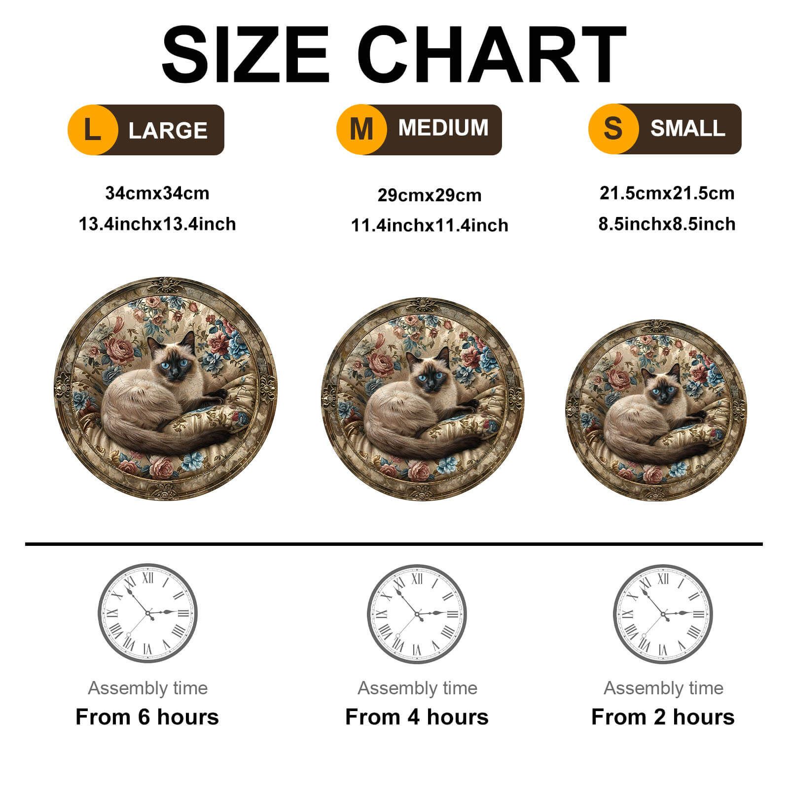 Size chart for Vintage Siamese cat wooden jigsaw puzzle: large, medium, small with assembly times.