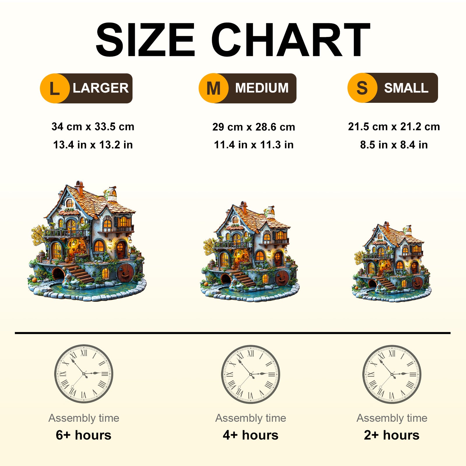 Size chart for 3D Glow Cottage Wooden Jigsaw Puzzle showing dimensions and assembly times for large, medium, and small options.