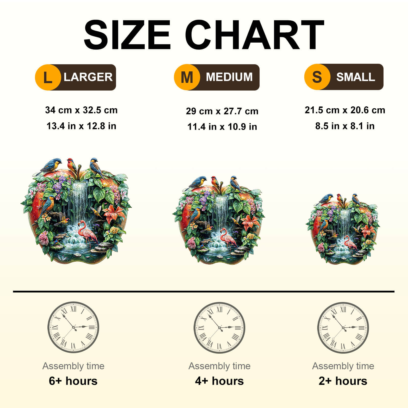 Size chart for Paradise Garden Wooden Jigsaw Puzzle showing dimensions and assembly times for L, M, and S sizes.
