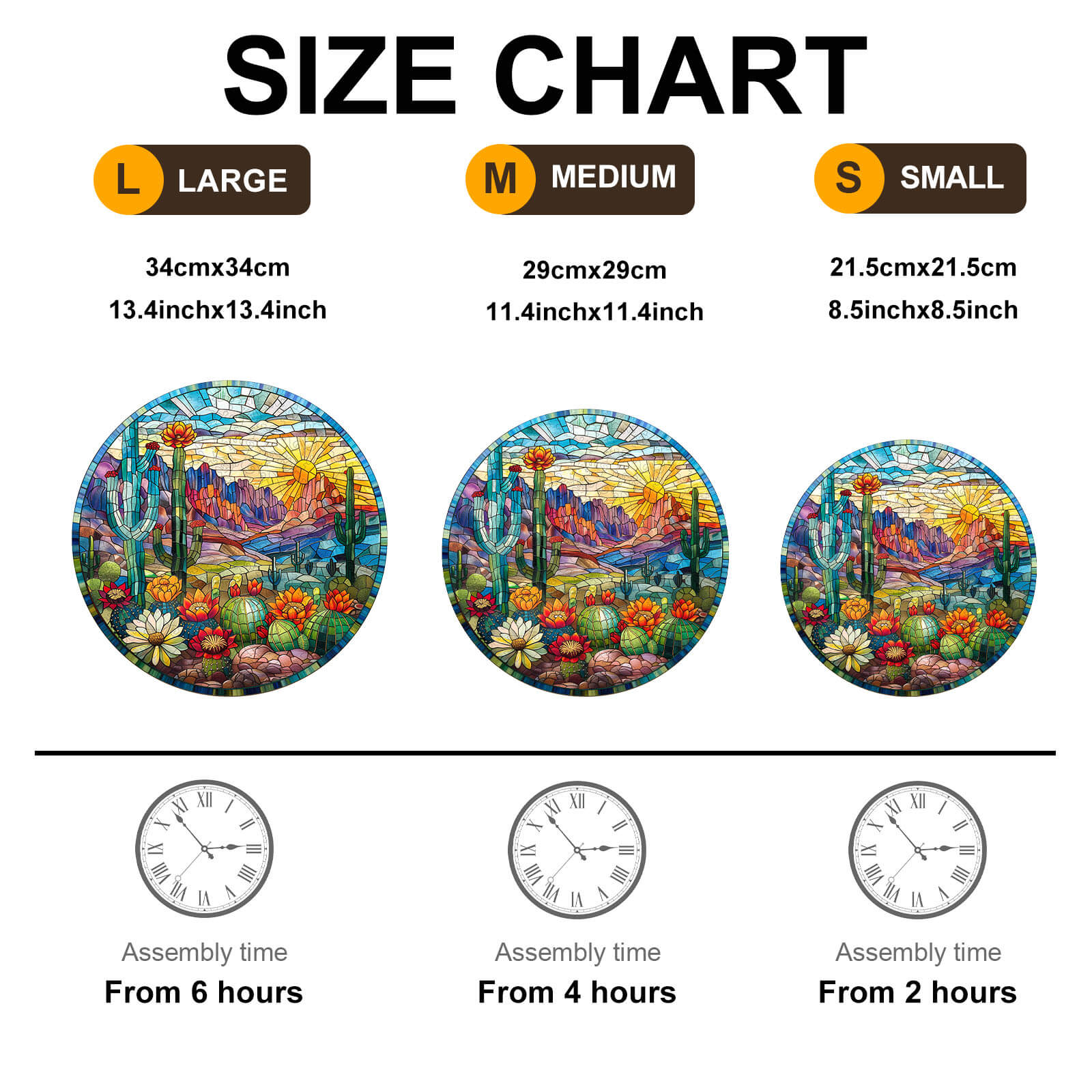 Size chart for Stained Glass Cactus Wooden Jigsaw Puzzle in three sizes with assembly times.