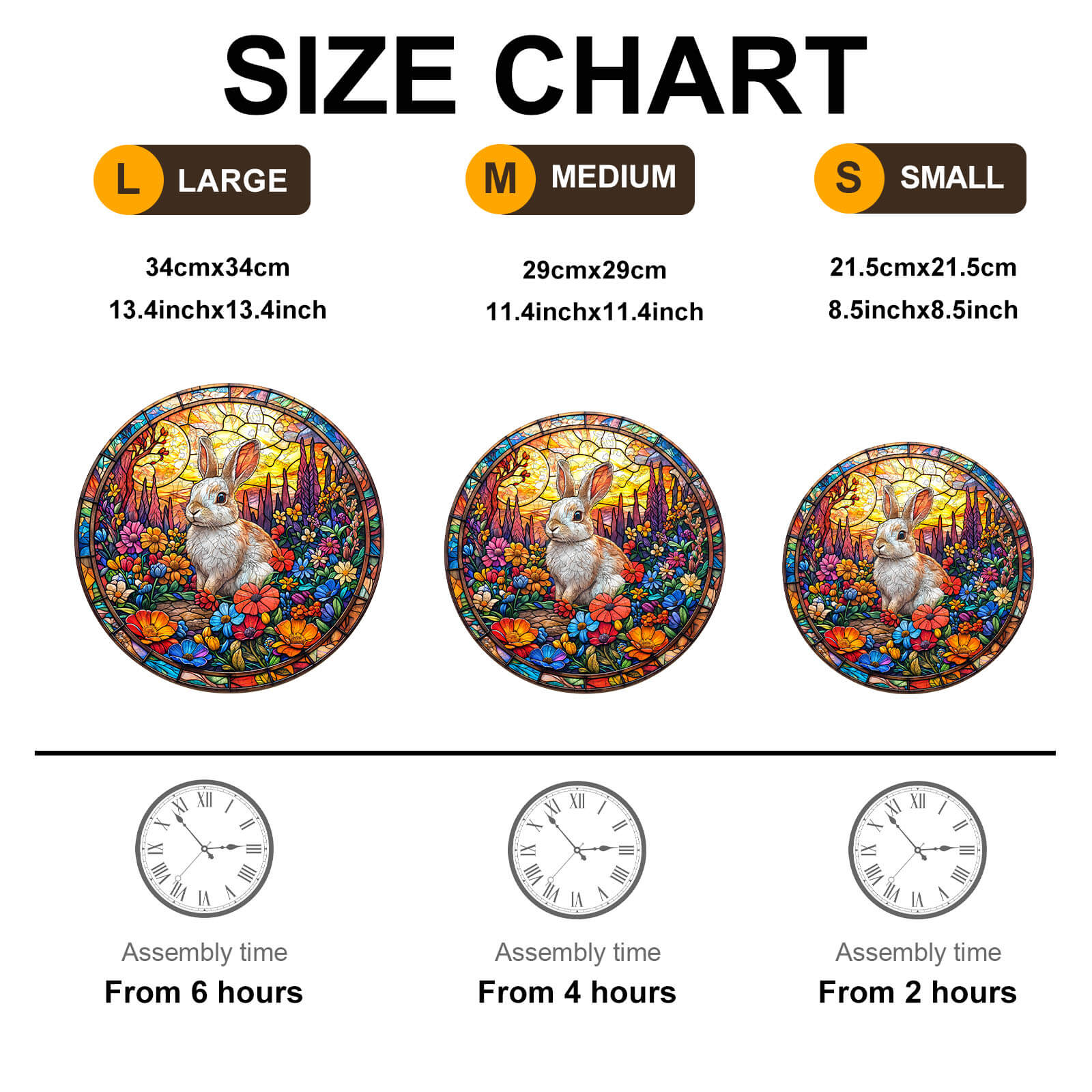 Size chart for Flower Field Rabbit wooden jigsaw puzzle showing large, medium, and small dimensions and assembly times.