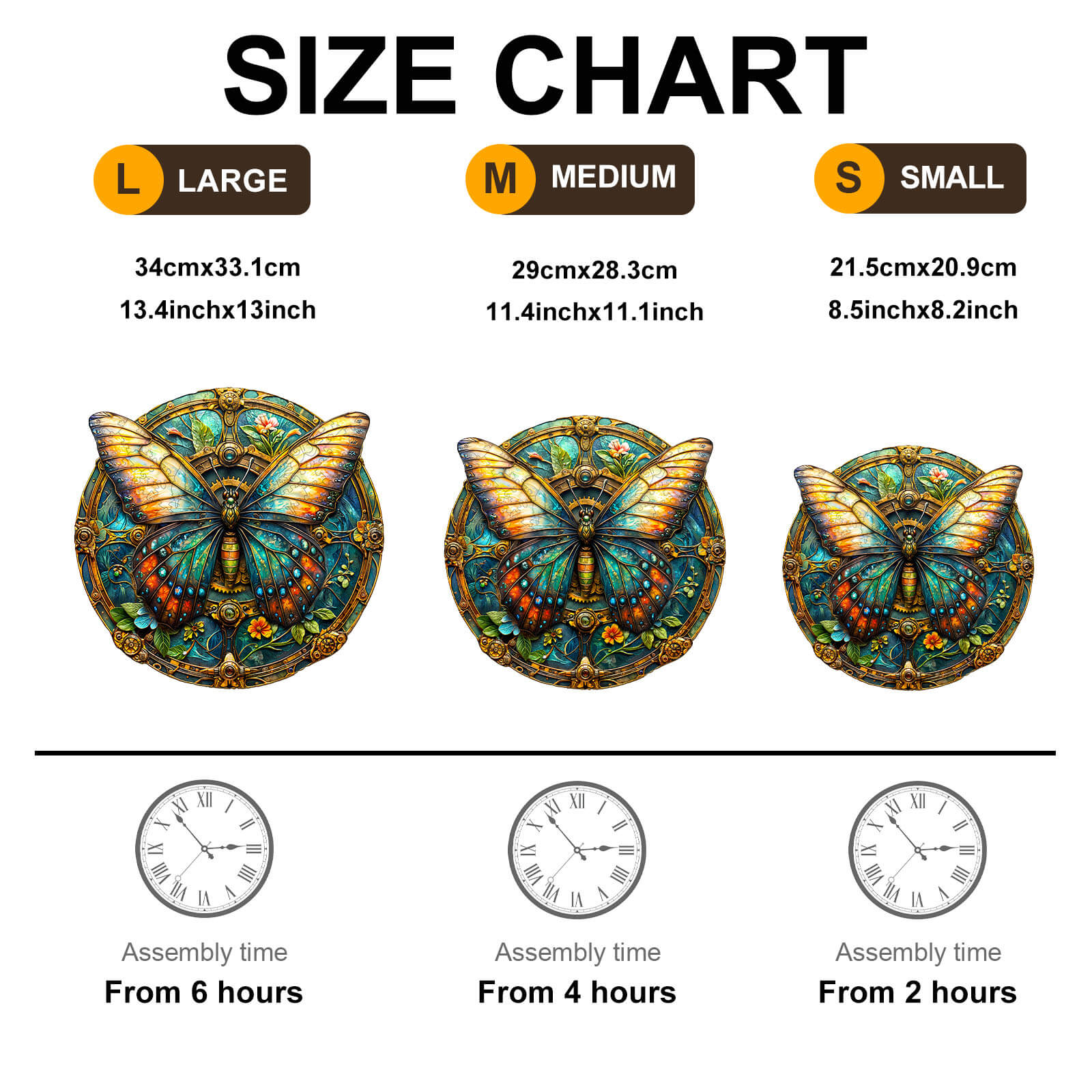 Size chart for vintage butterfly-2 wooden jigsaw puzzle, displaying large, medium, and small options with assembly times.