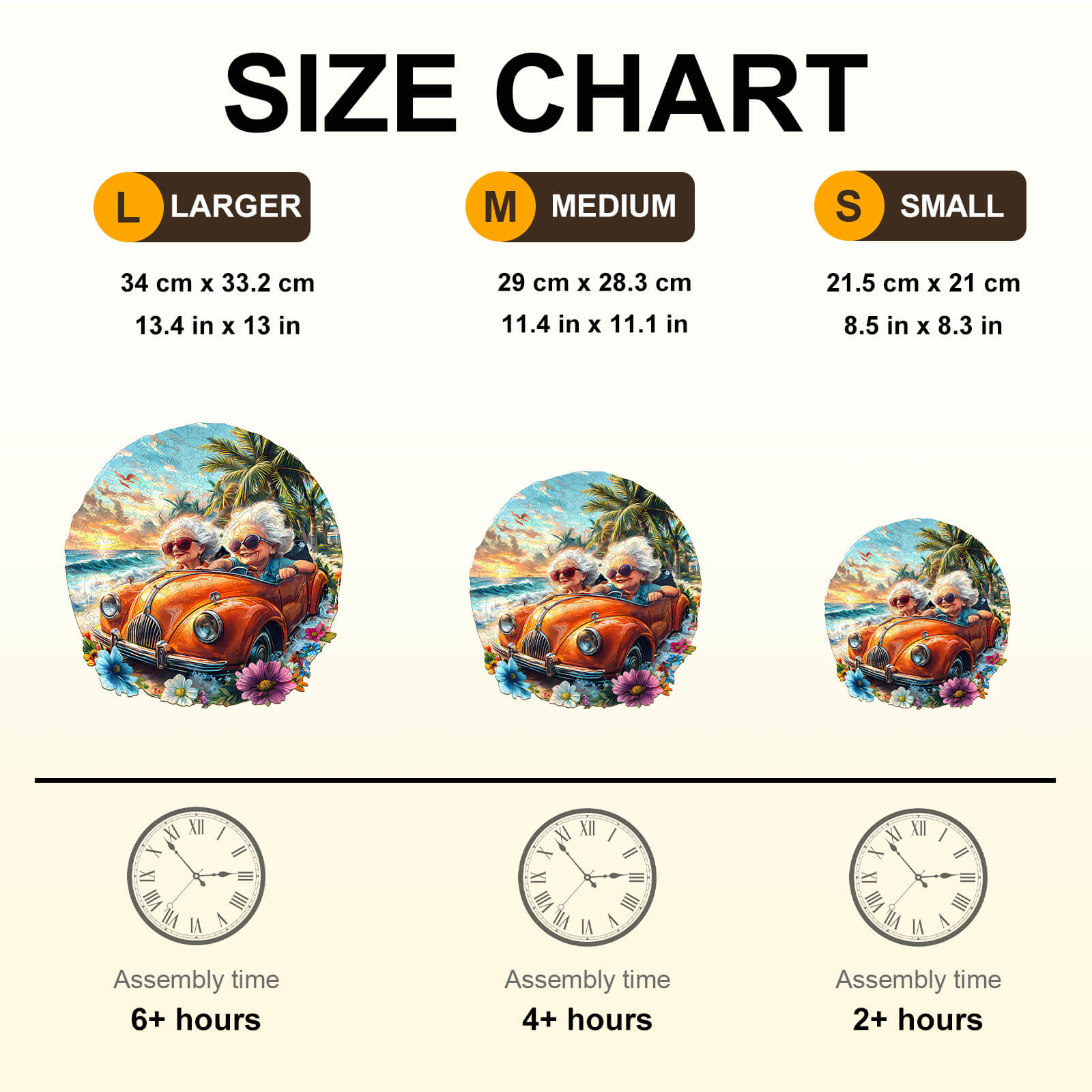 Size chart for Happy grandma-2 wooden jigsaw puzzle with assembly times and dimensions for large, medium, and small sizes.