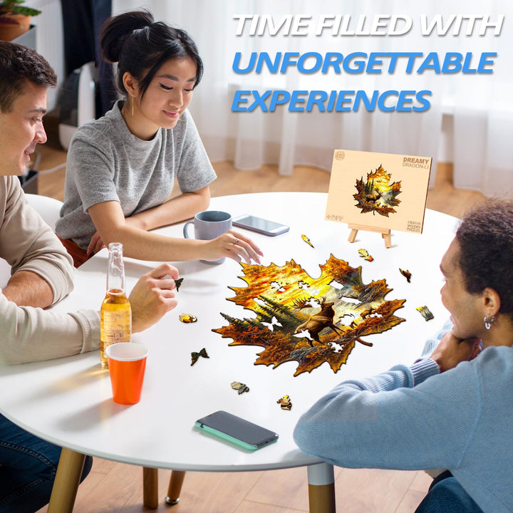 Elk and maple leaves Wooden Jigsaw Puzzle