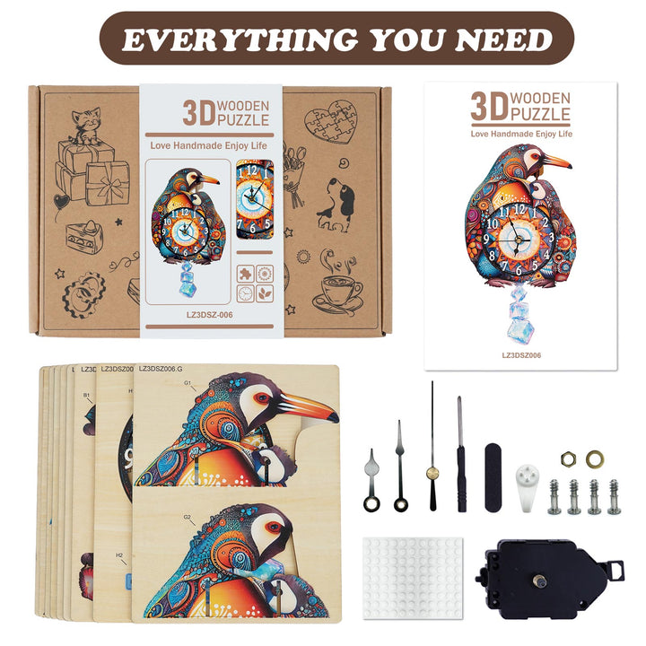 Pingouins Parent-Enfant – Horloge en Bois DIY, Kit de Puzzle 3D