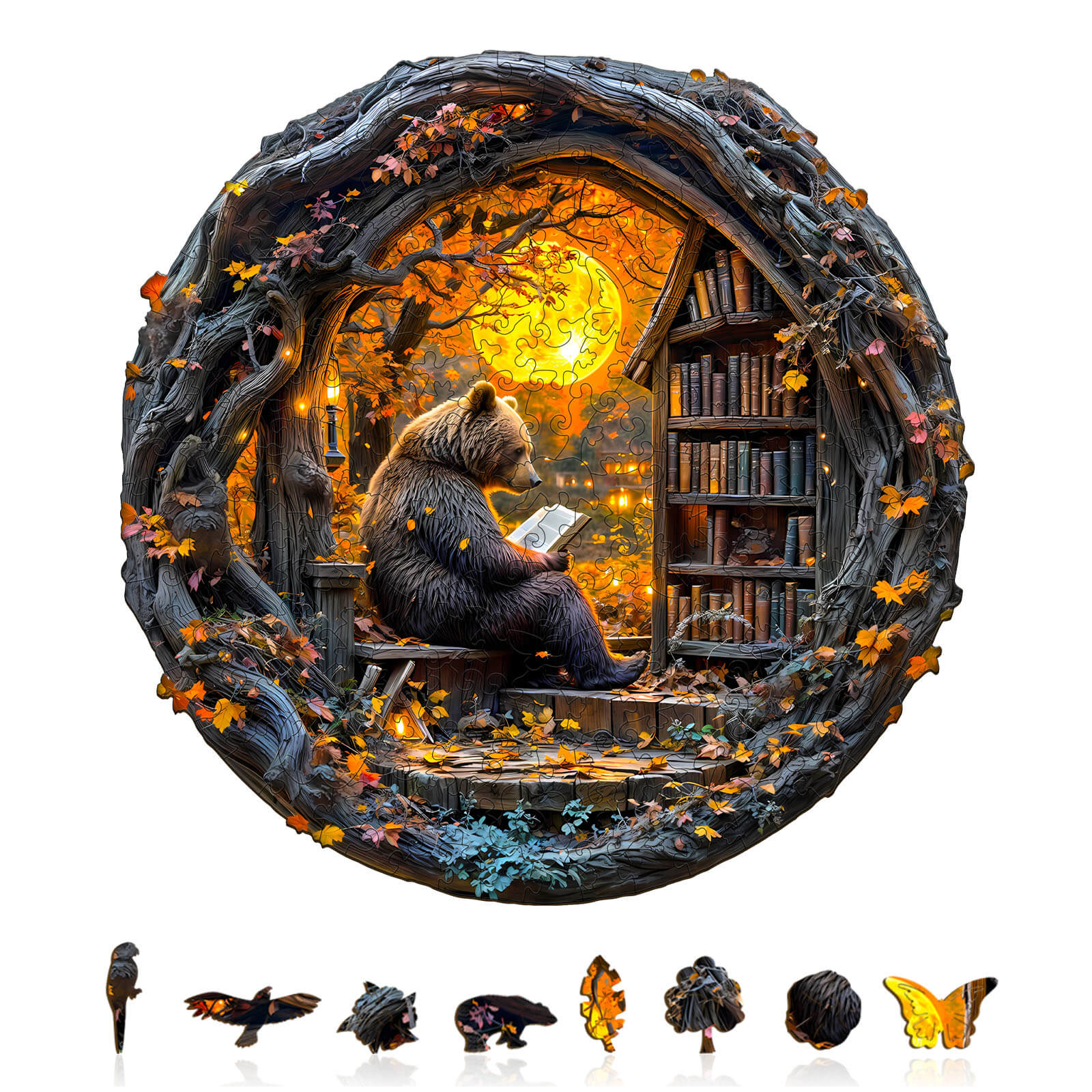 Reading bear wooden jigsaw puzzle featuring a bear reading in a cozy library surrounded by autumn leaves and a glowing moon.