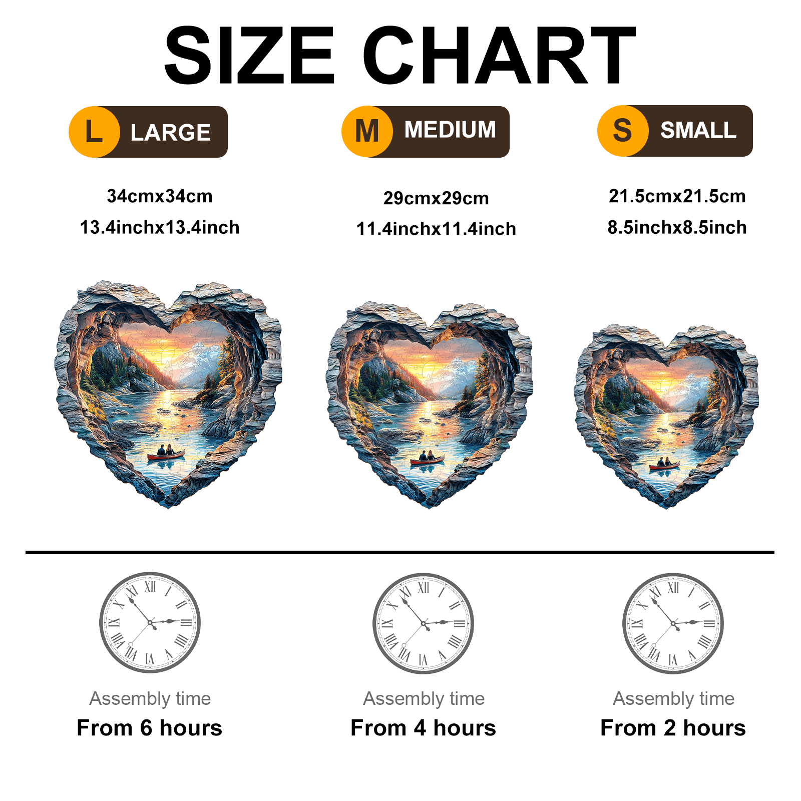 Size chart for 3D Lake Louise wooden jigsaw puzzle, showing large, medium, and small sizes with assembly times.