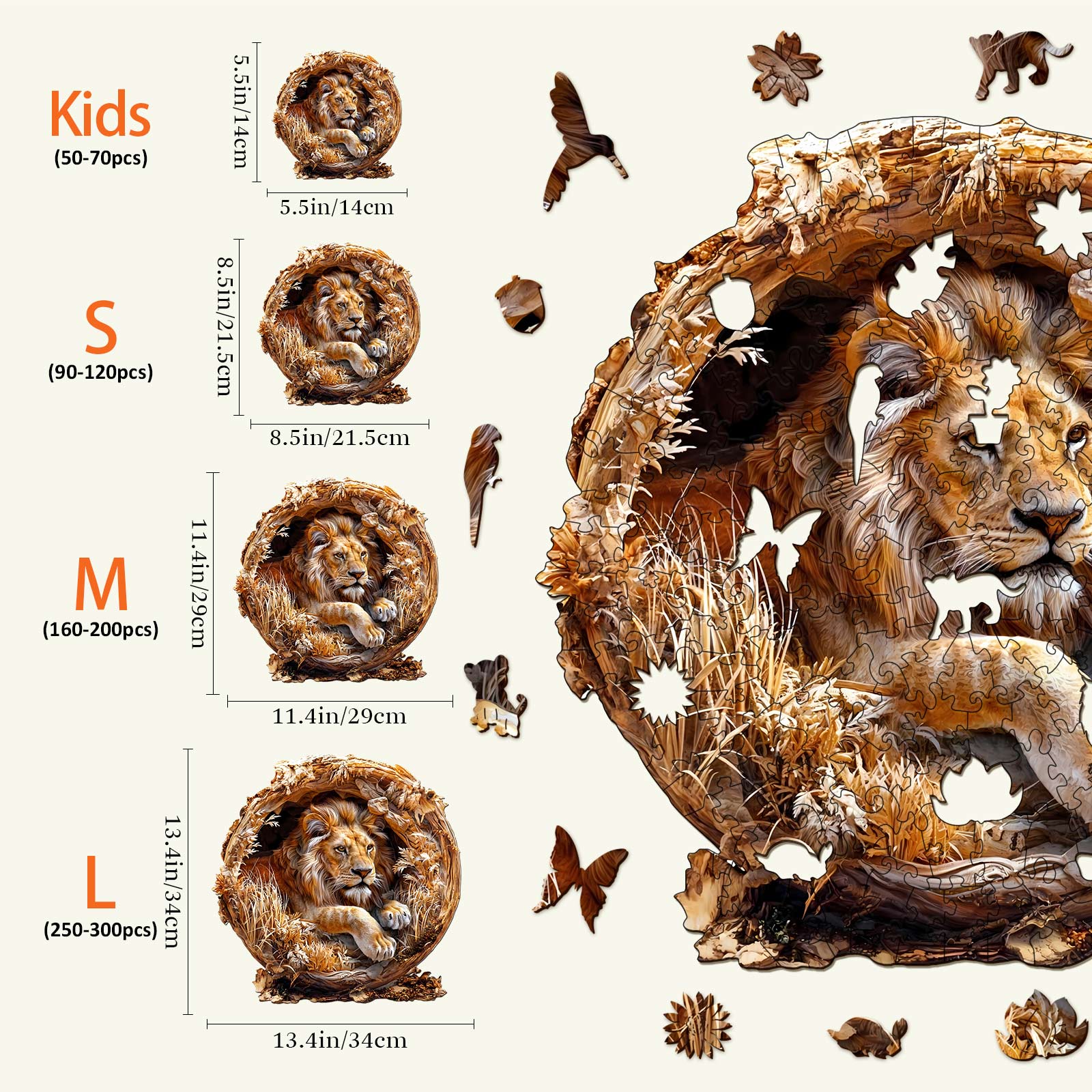3D Lion wooden jigsaw puzzle with various sizes for kids and adults, promoting focus and mental skills.