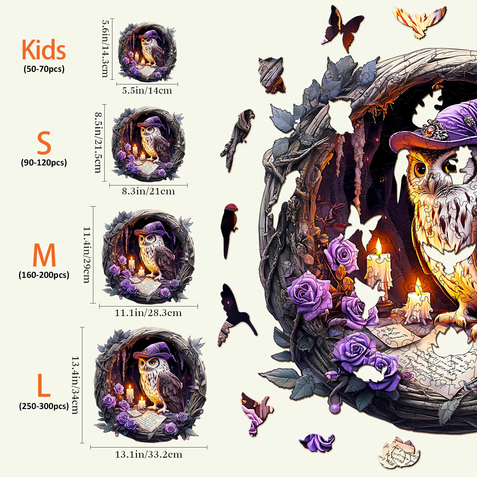 3D Witch Owl Wooden Jigsaw Puzzle sizes and piece counts, promoting cognitive skills and focus.