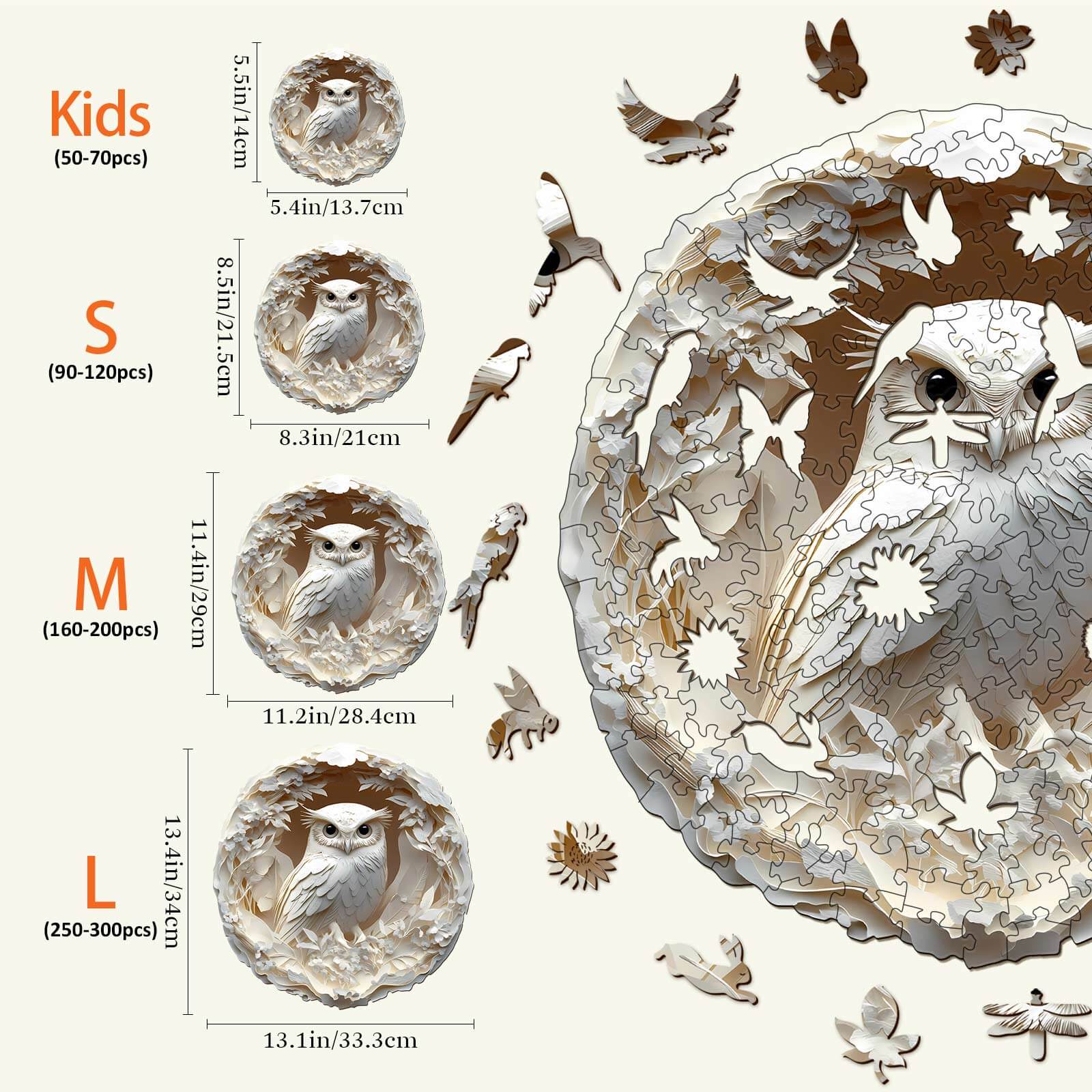 Varied sizes of 3D Paper Carved Owl Wooden Jigsaw Puzzle: Kids, S, M, L, showcasing pieces and dimensions.