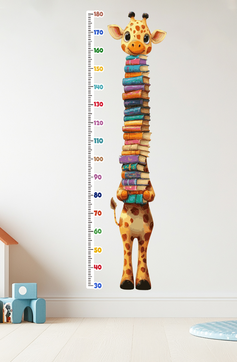 Lindo gráfico de crecimiento de jirafa sosteniendo libros, calcomanía de pared