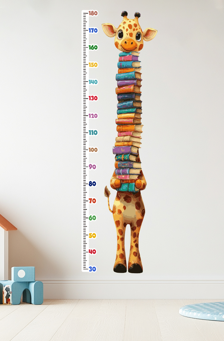 Lindo gráfico de crecimiento de jirafa sosteniendo libros, calcomanía de pared