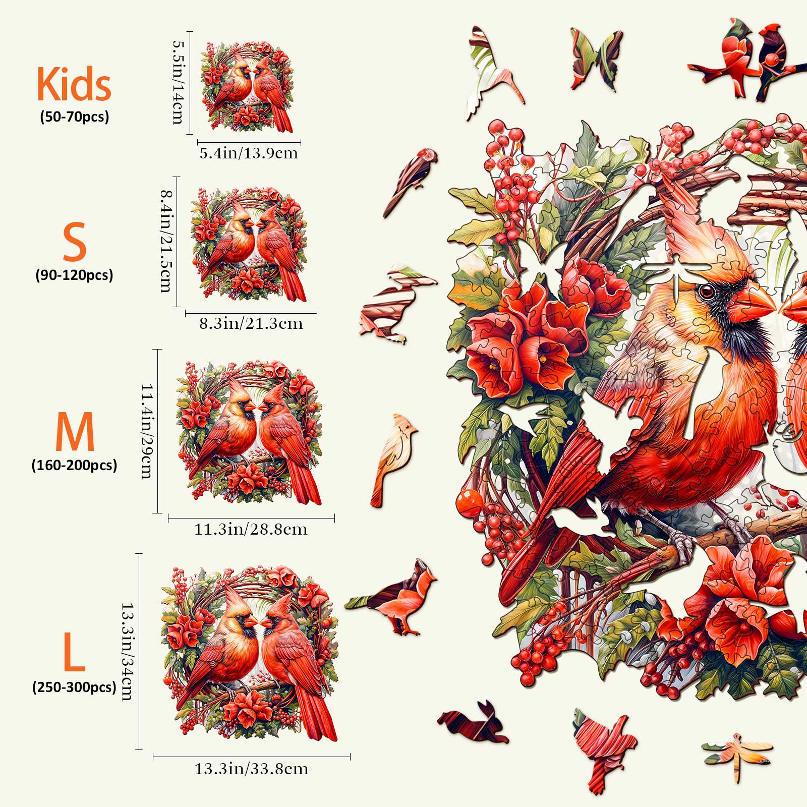 Cardinal Wooden Jigsaw Puzzle sizes and piece counts, ideal for enhancing focus and cognitive skills during play.