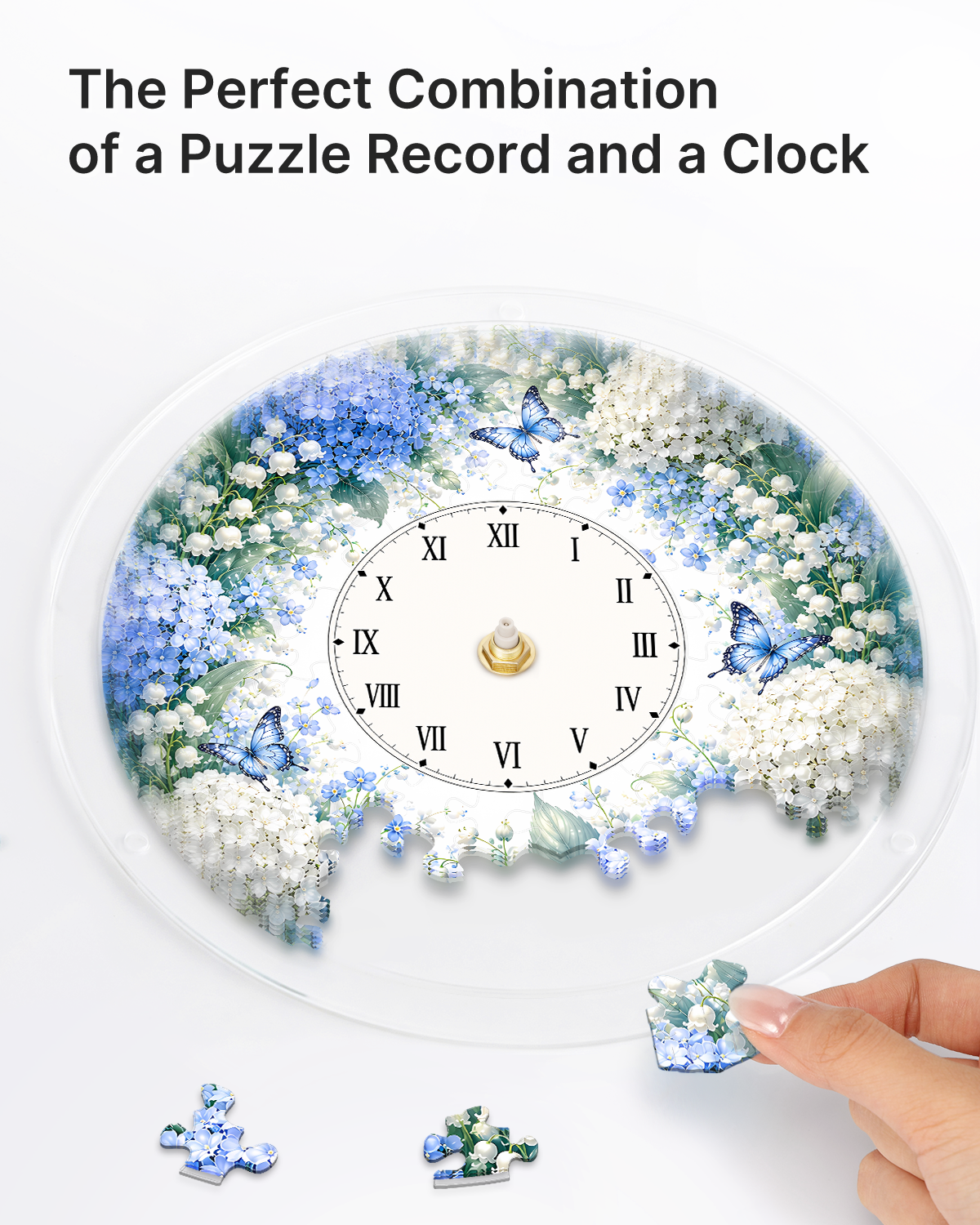 DIY Acrylpuzzle-Uhr Bausatz - Blauer Hortensiengarten