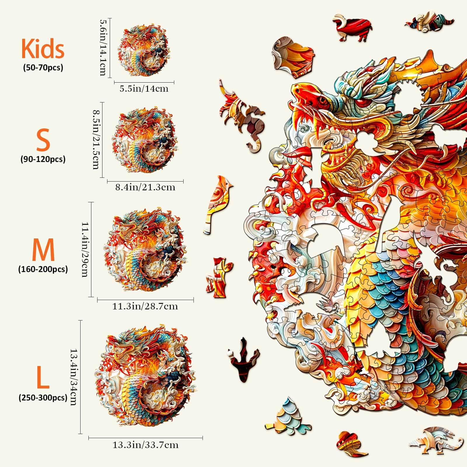 3D Chinese Dragon wooden jigsaw puzzle sizes: Kids, S, M, L with colorful design for brain games and focus improvement.