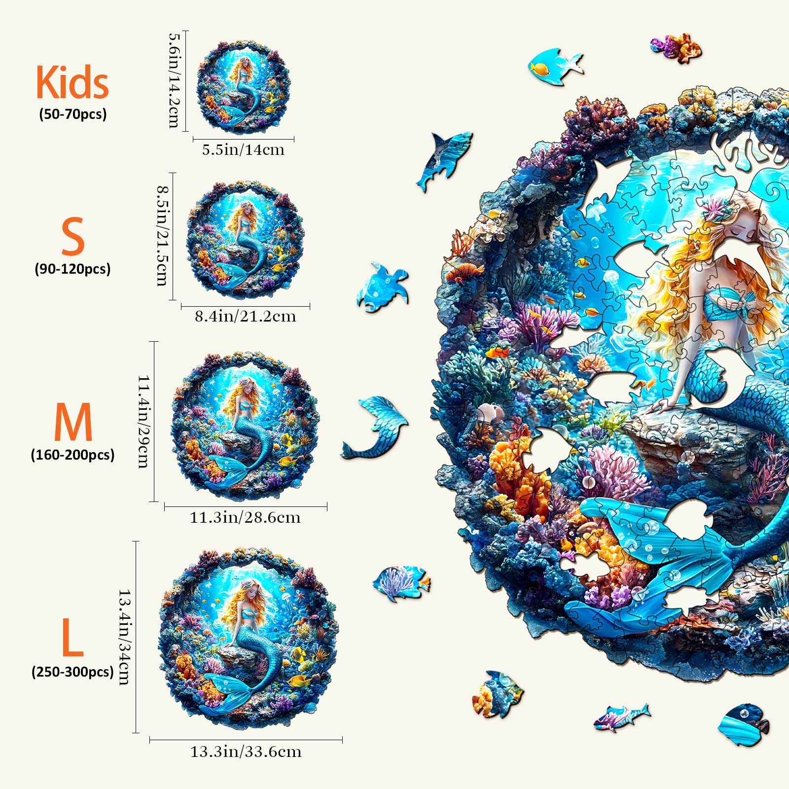3D Mermaid wooden jigsaw puzzle sizes chart: Kids, S, M, L with colorful ocean scenes and fish.