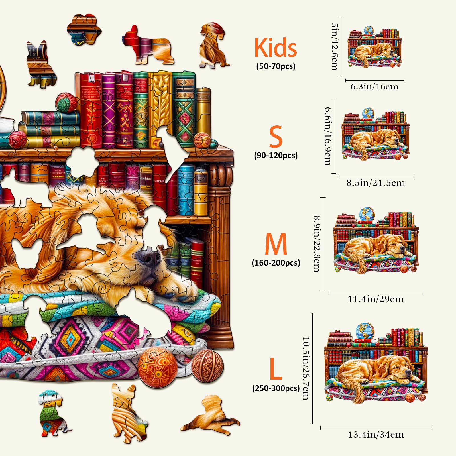 Sleeping Golden Retriever wooden jigsaw puzzle sizes and piece counts, perfect for family fun and brain games.
