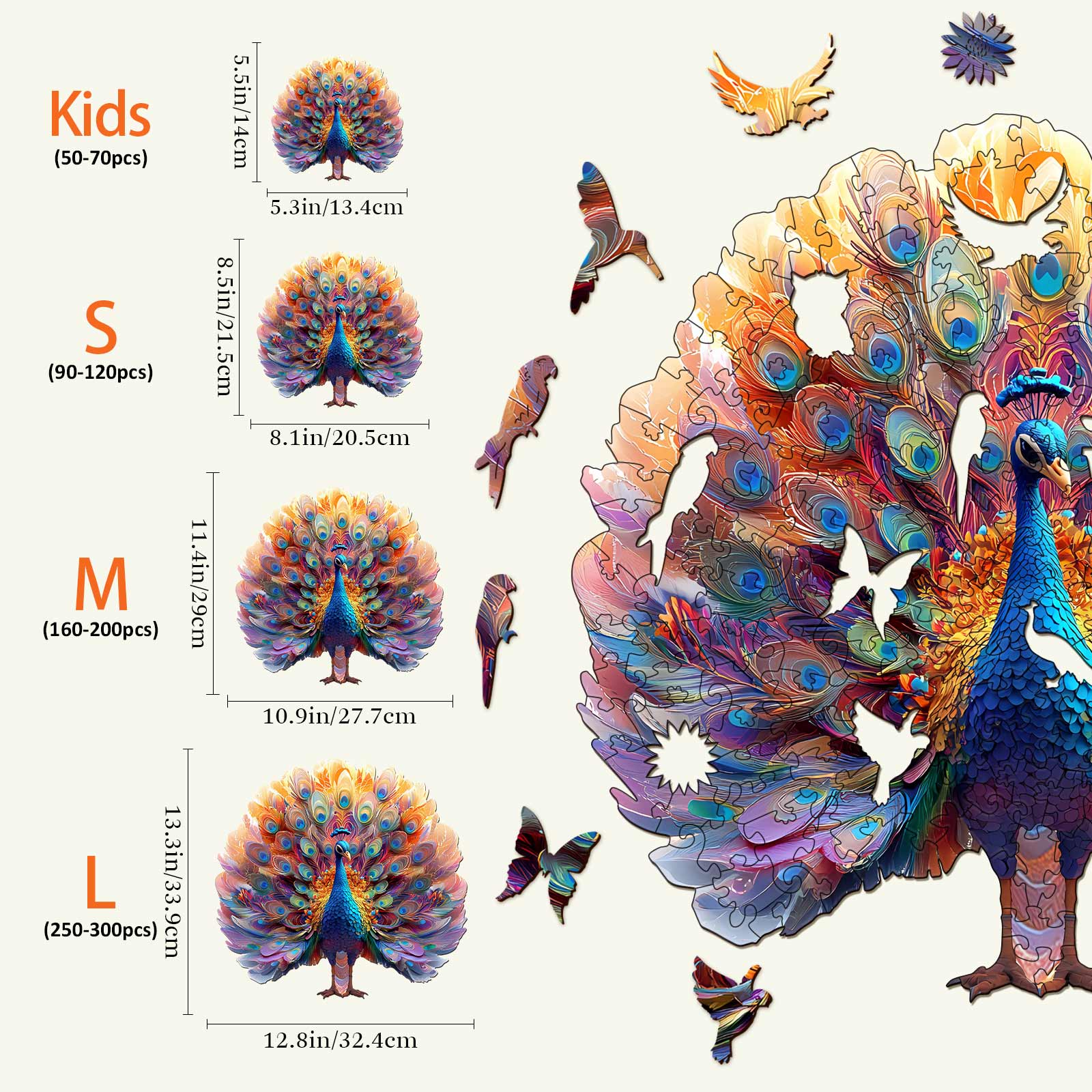 Striking Peacock Wooden Jigsaw Puzzle sizes S, M, L with vibrant colors and butterfly pieces for mindful play.