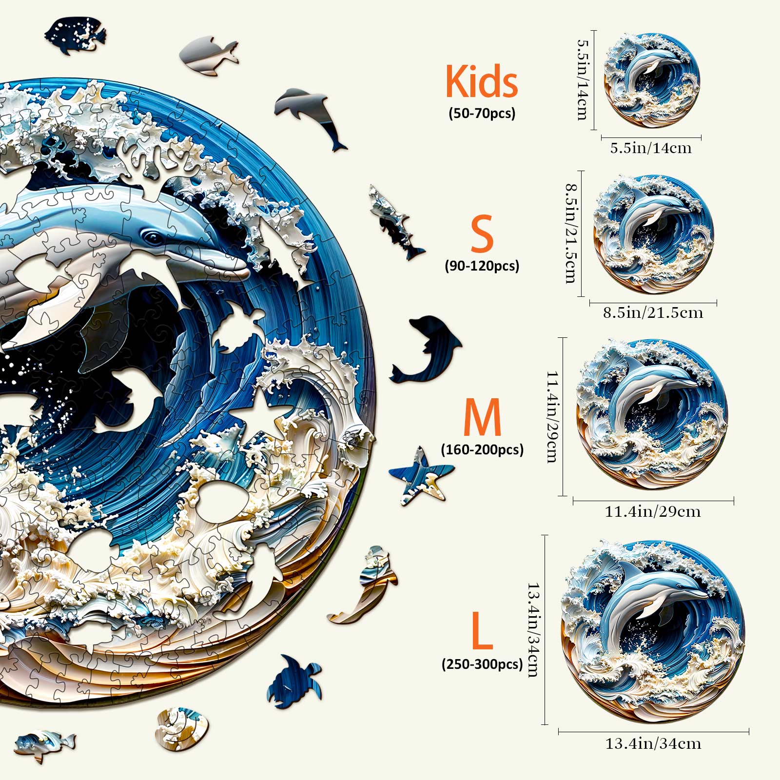 3D Dolphin-1 Wooden Jigsaw Puzzle sizes for kids and adults, showcasing dolphin and wave design, enhancing focus and intelligence.