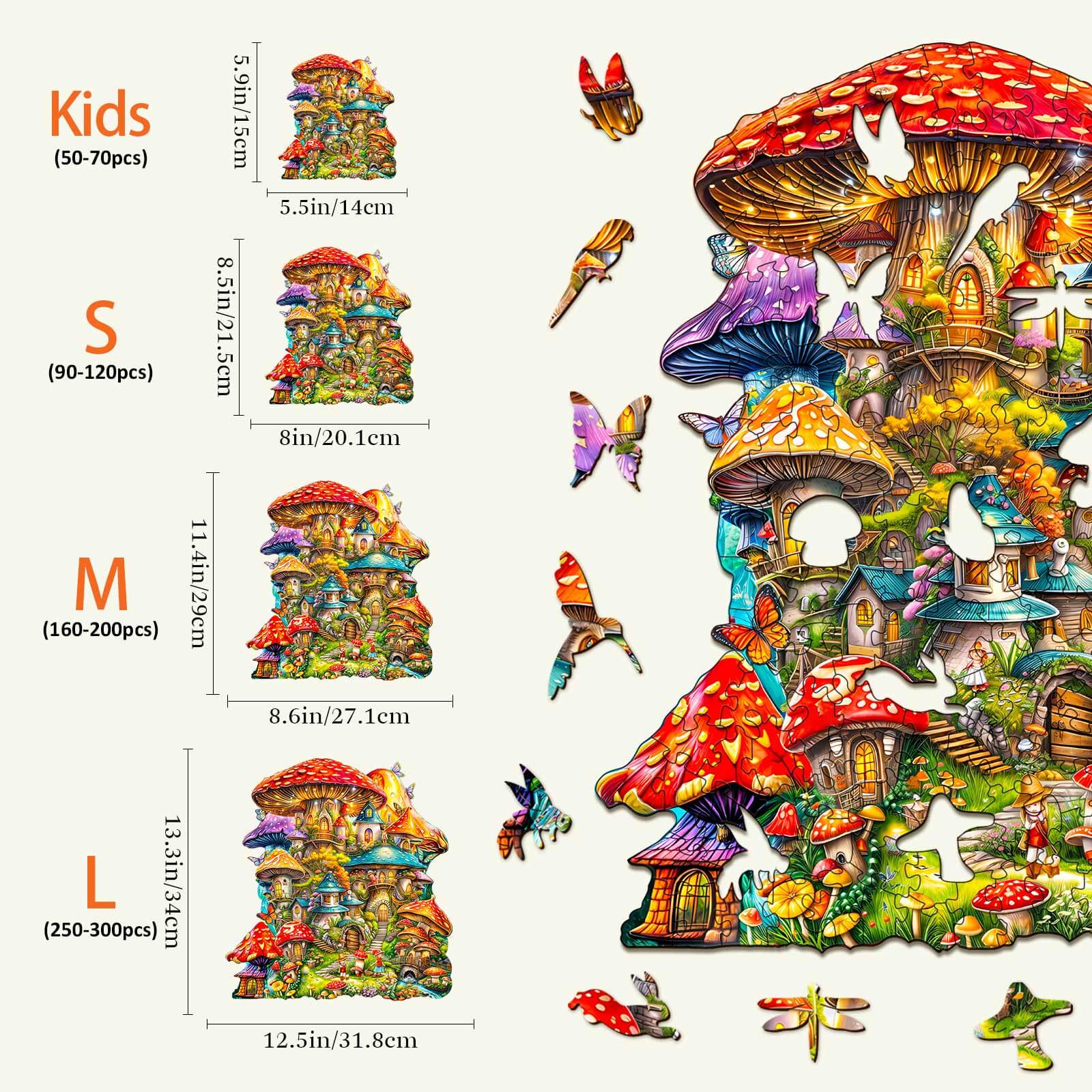 Mushroom House wooden jigsaw puzzle sizes: kids, S, M, and L; colorful mushrooms and whimsical design for family fun.