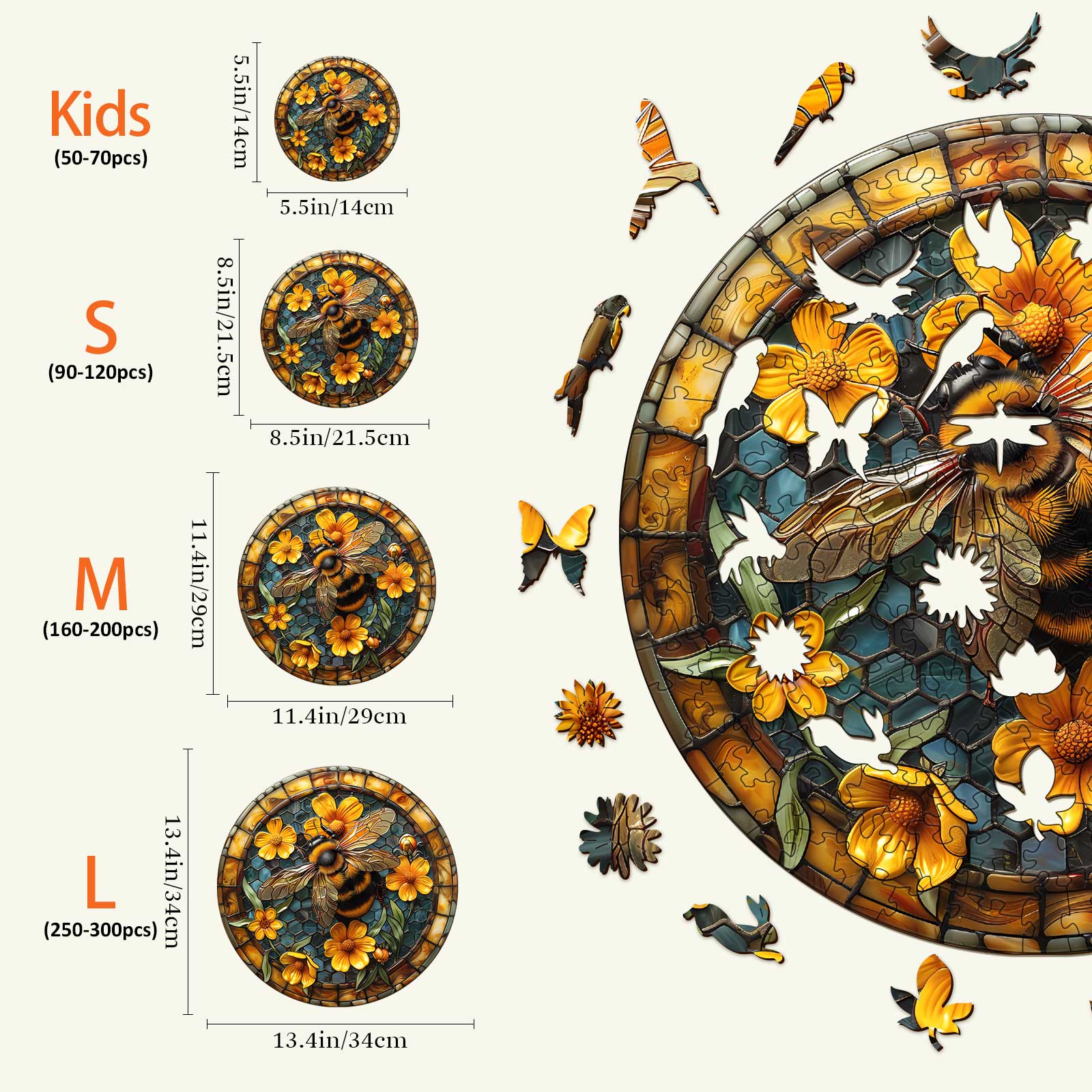 Leisurely Bee wooden jigsaw puzzle sizes comparison chart with dimensions for kids, S, M, and L categories.