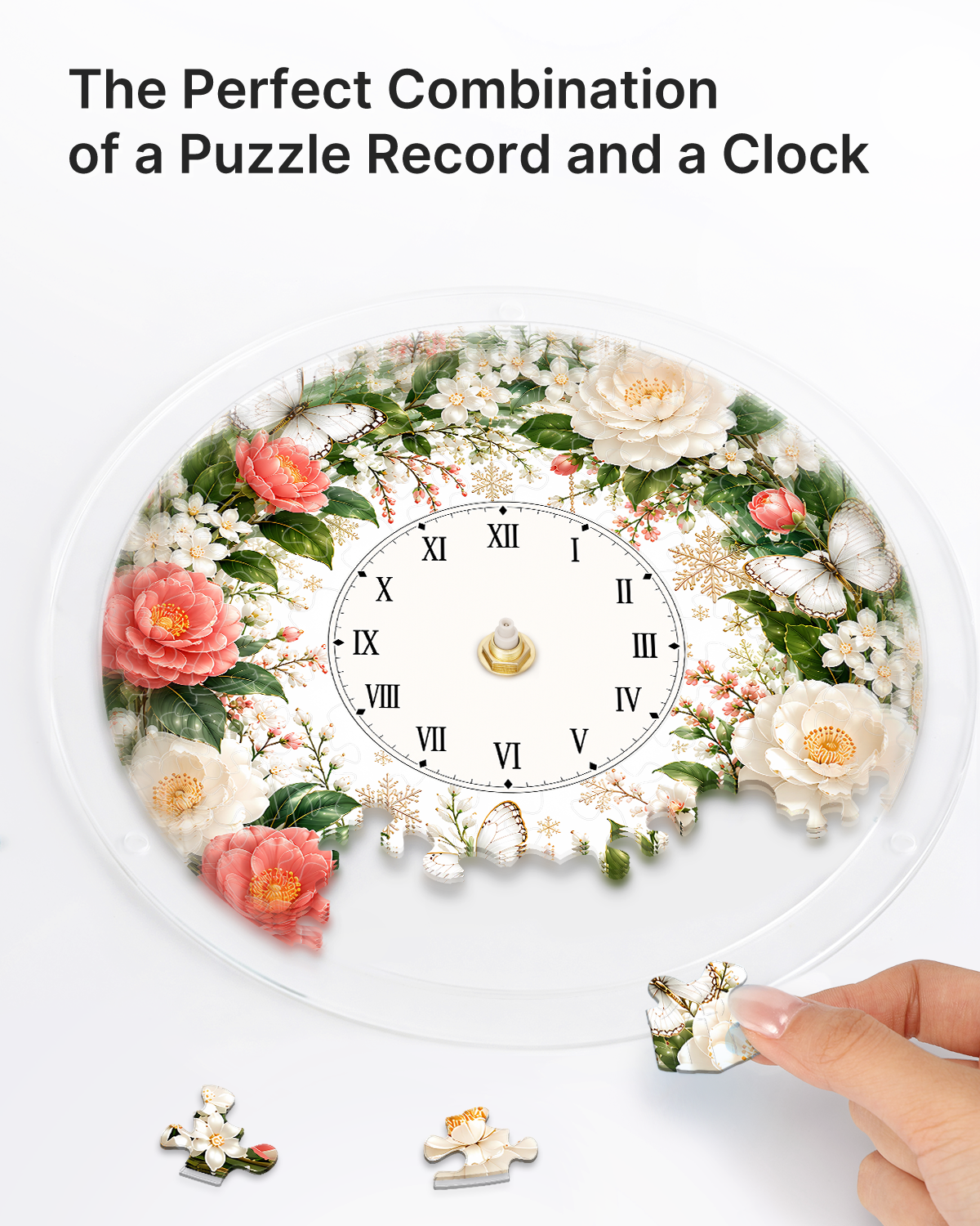 DIY Acrylpuzzle-Uhr Bausatz - Rosa Weiße Rosen