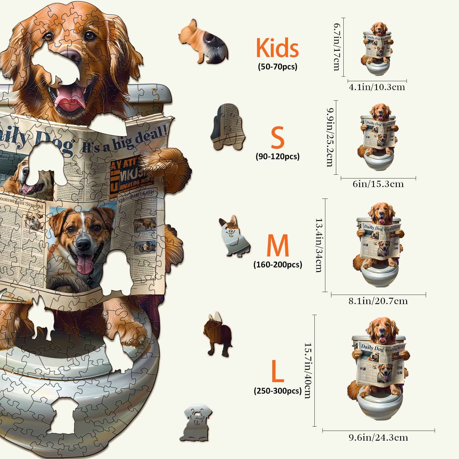 Leisure Time wooden jigsaw puzzle featuring a dog reading a newspaper, with size options for kids and adults.