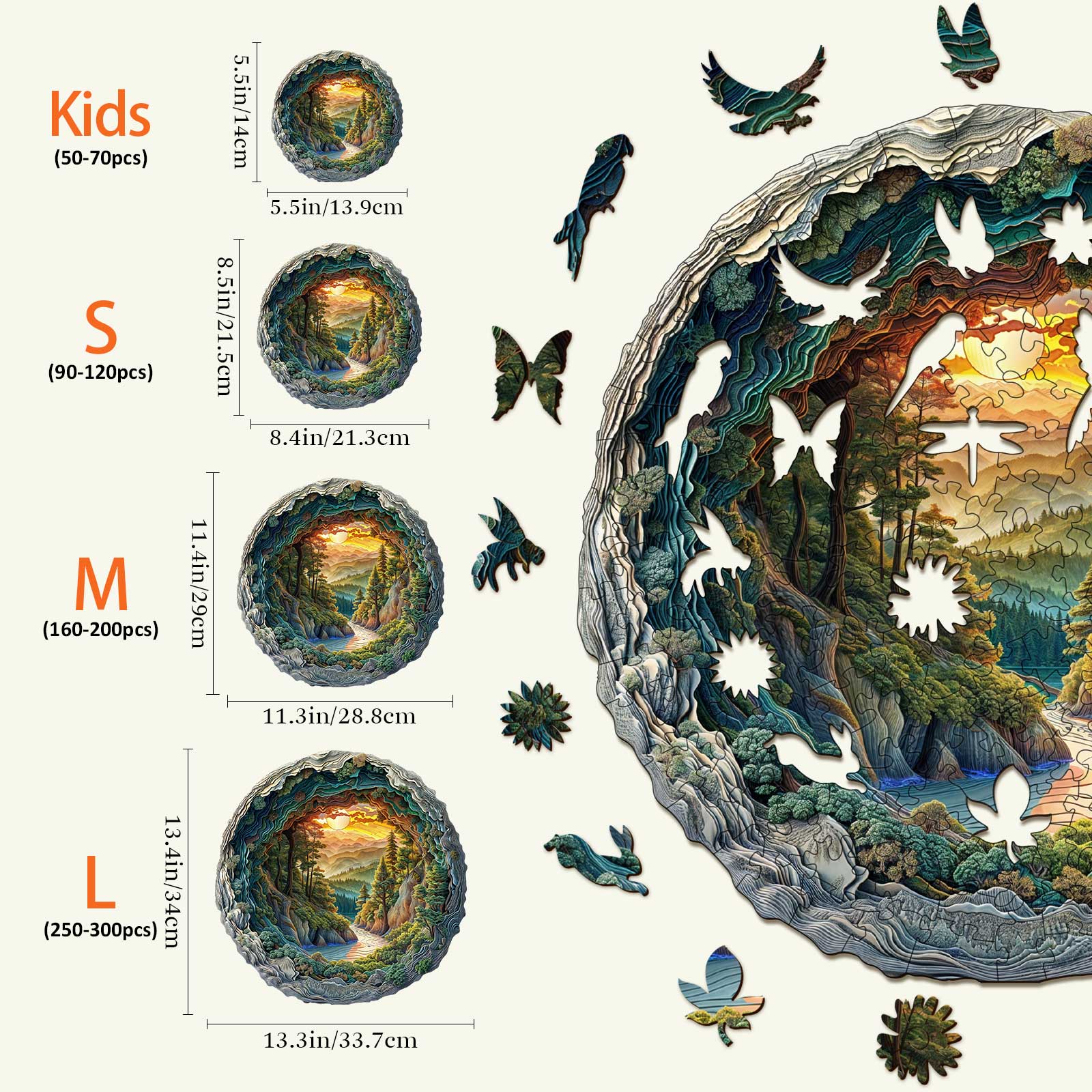 Sizes of 3D cave forest wooden jigsaw puzzle with pieces count for Kids, S, M, and L options.