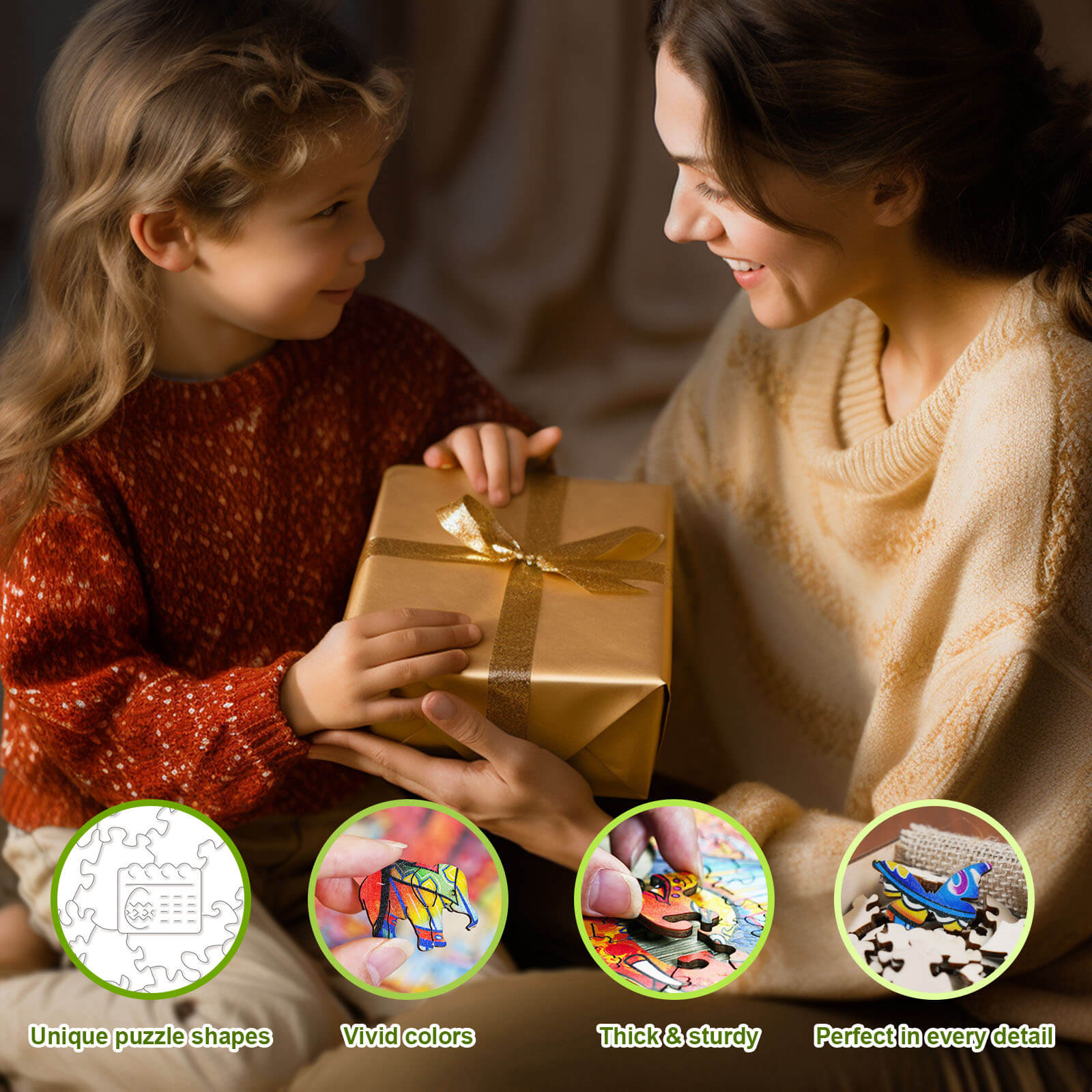 Child and mother sharing a gift, showcasing a colorful wooden jigsaw puzzle for Easter, highlighting joy and creativity.