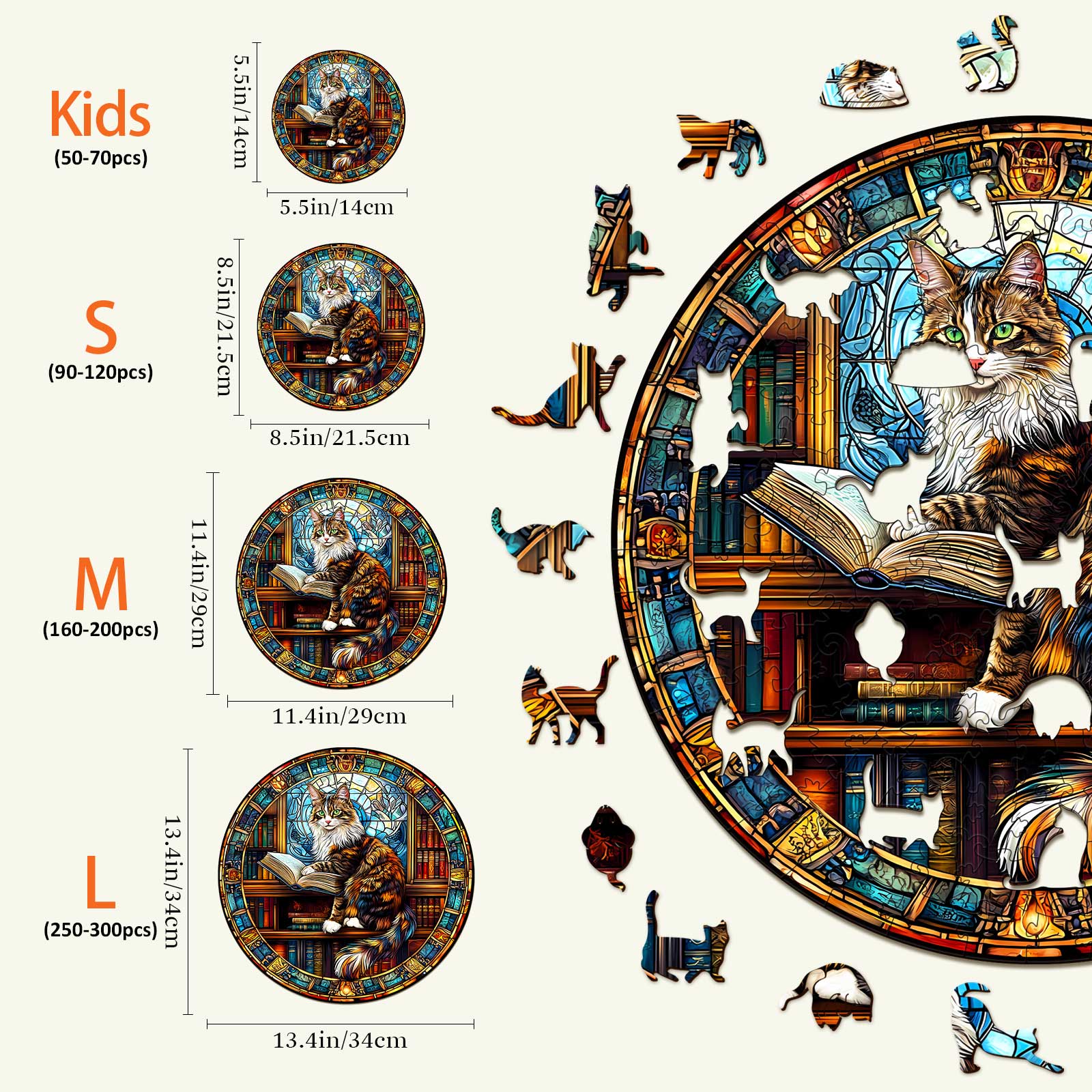 Maine Cat Library wooden jigsaw puzzle sizes for kids and adults, featuring a cat with a book and colorful library background.
