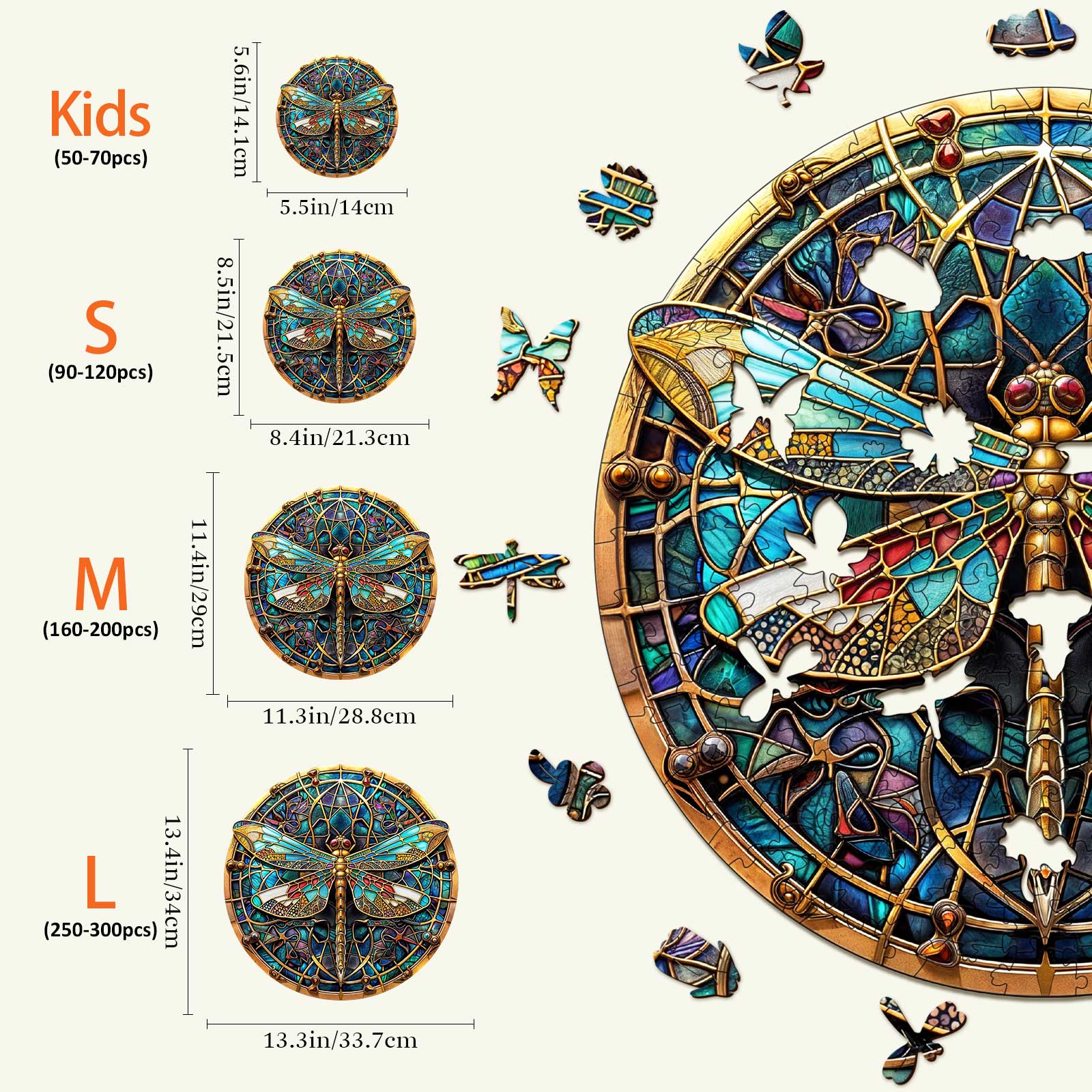 Size options for Vintage Dragonfly Wooden Jigsaw Puzzle, including Kids, S, M, and L, showcasing each dimension and piece count.