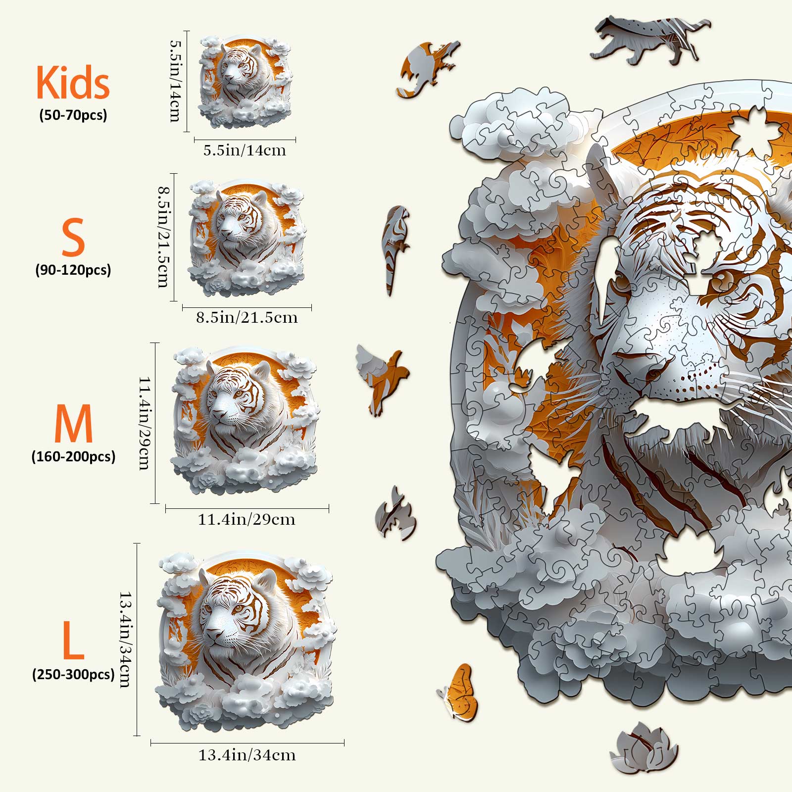 3D Paper Tiger wooden jigsaw puzzle sizes for kids and adults, showcasing puzzle pieces and dimensions.