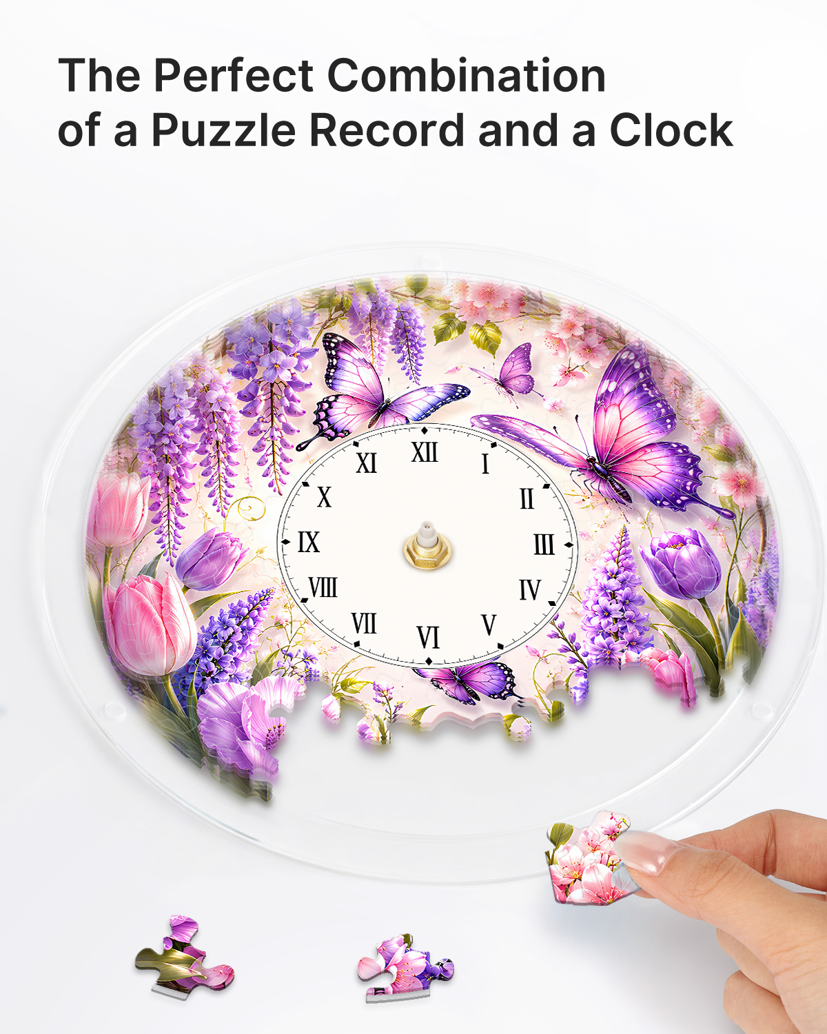 DIY Acrylpuzzle-Uhr Bausatz - Lila Glyzinien Schmetterlinge