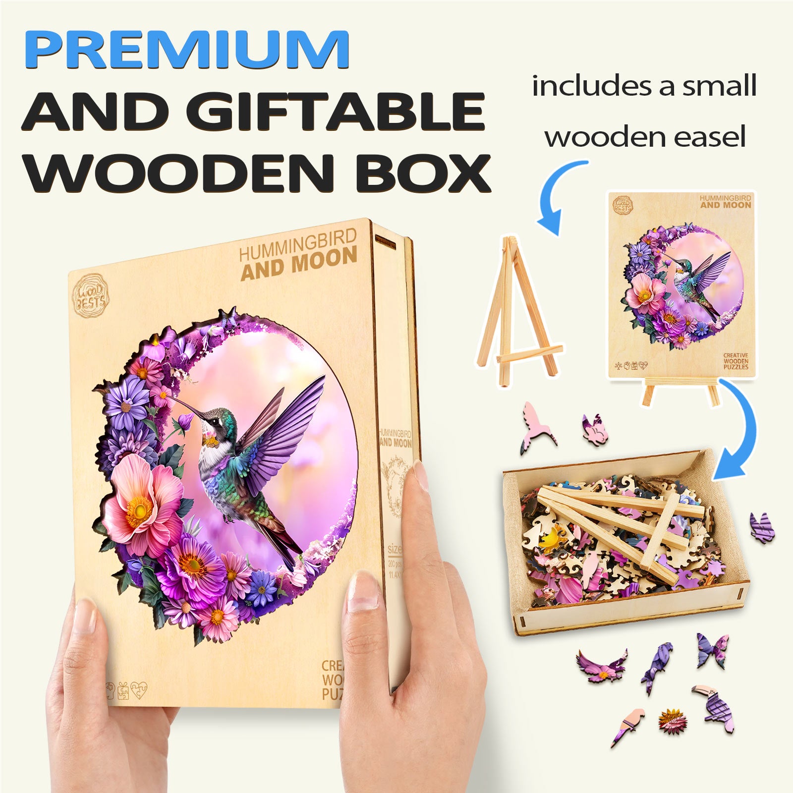 Hummingbird and Moon wooden jigsaw puzzle in gift box with small easel, perfect for puzzle lovers.