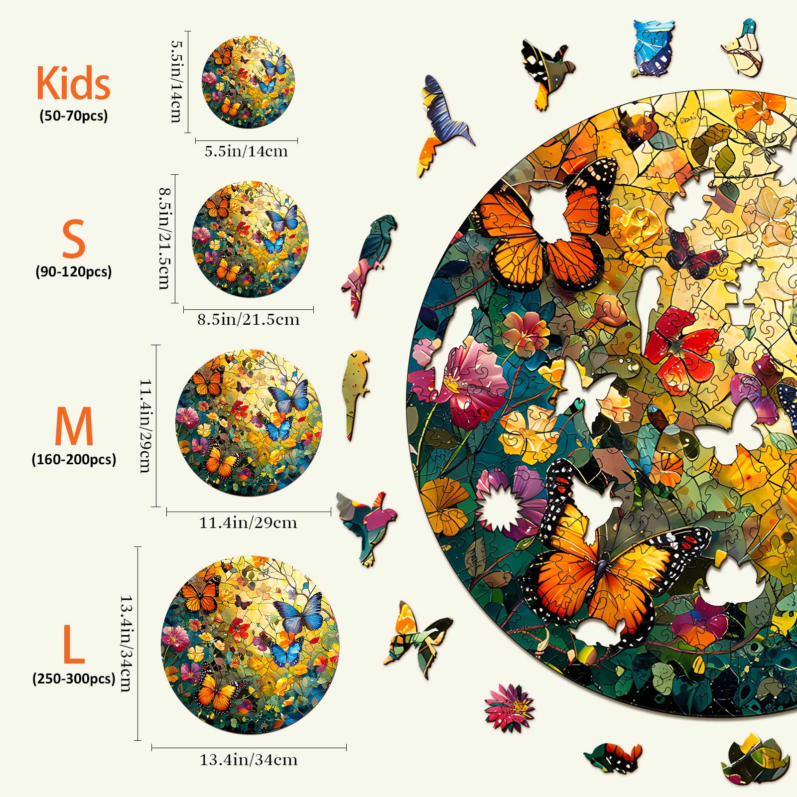Butterflies and Flowers Wooden Jigsaw Puzzle sizes for Kids, Small, Medium, and Large with colorful butterfly designs.
